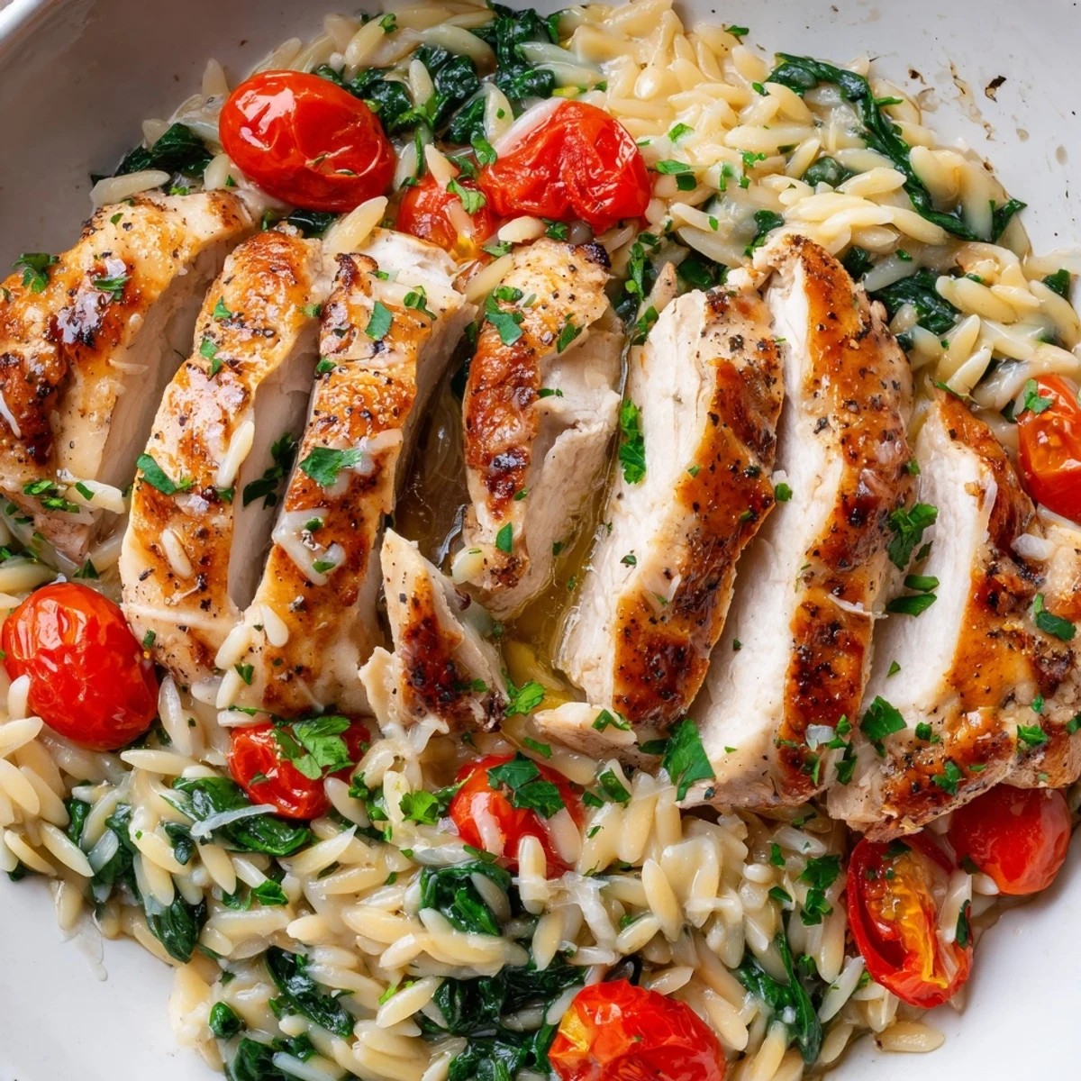 One skillet lemon herb chicken and orzo finished with grated Parmesan and lemon wedges