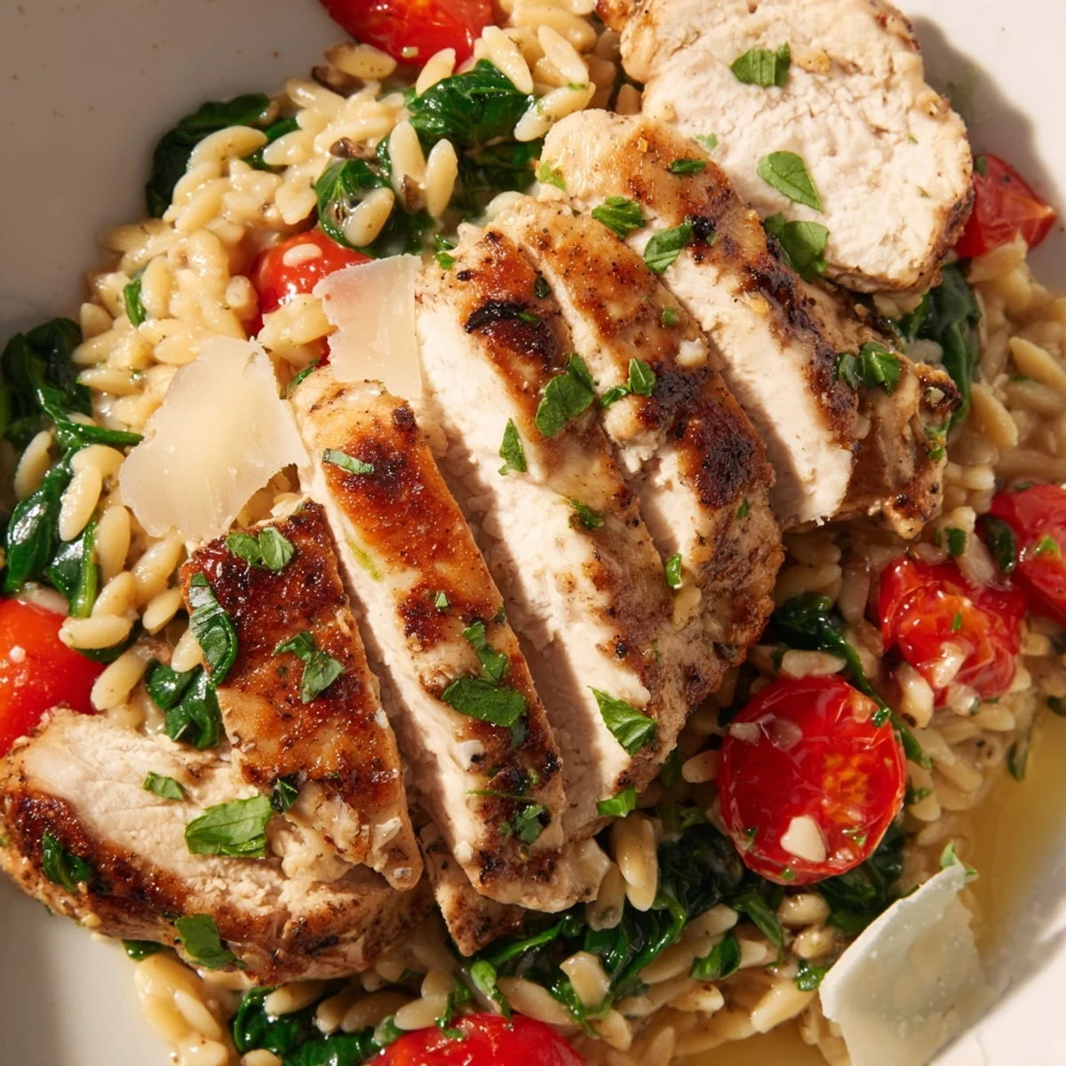 Tender orzo pasta with bright lemon and seared chicken cooked in a single pan