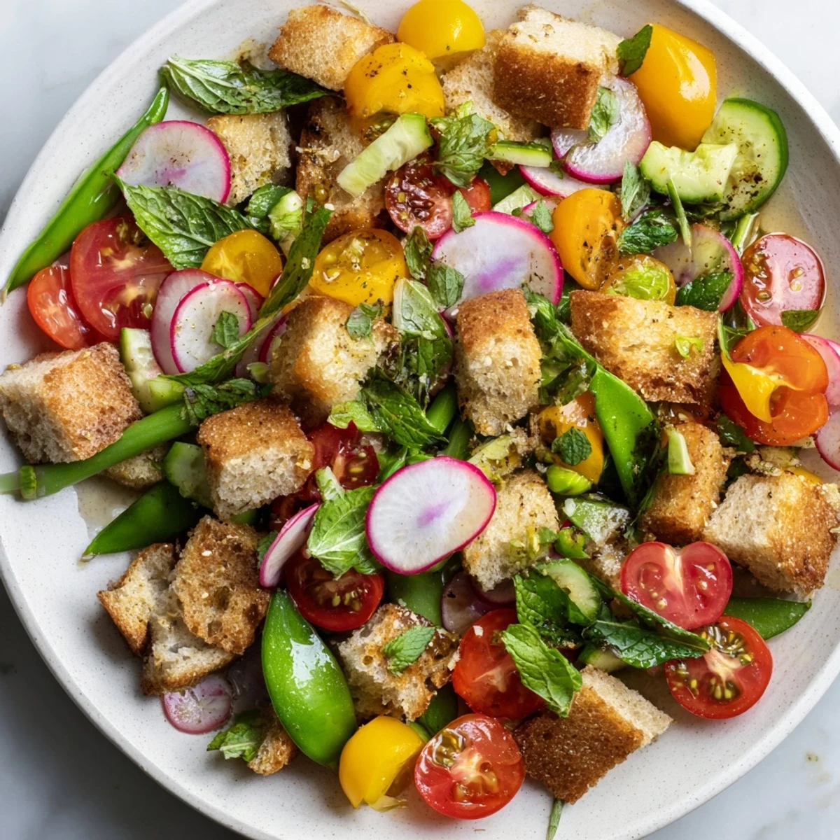 Golden croutons tossed with crisp spring vegetables and aromatic mint in this vibrant Italian bread salad