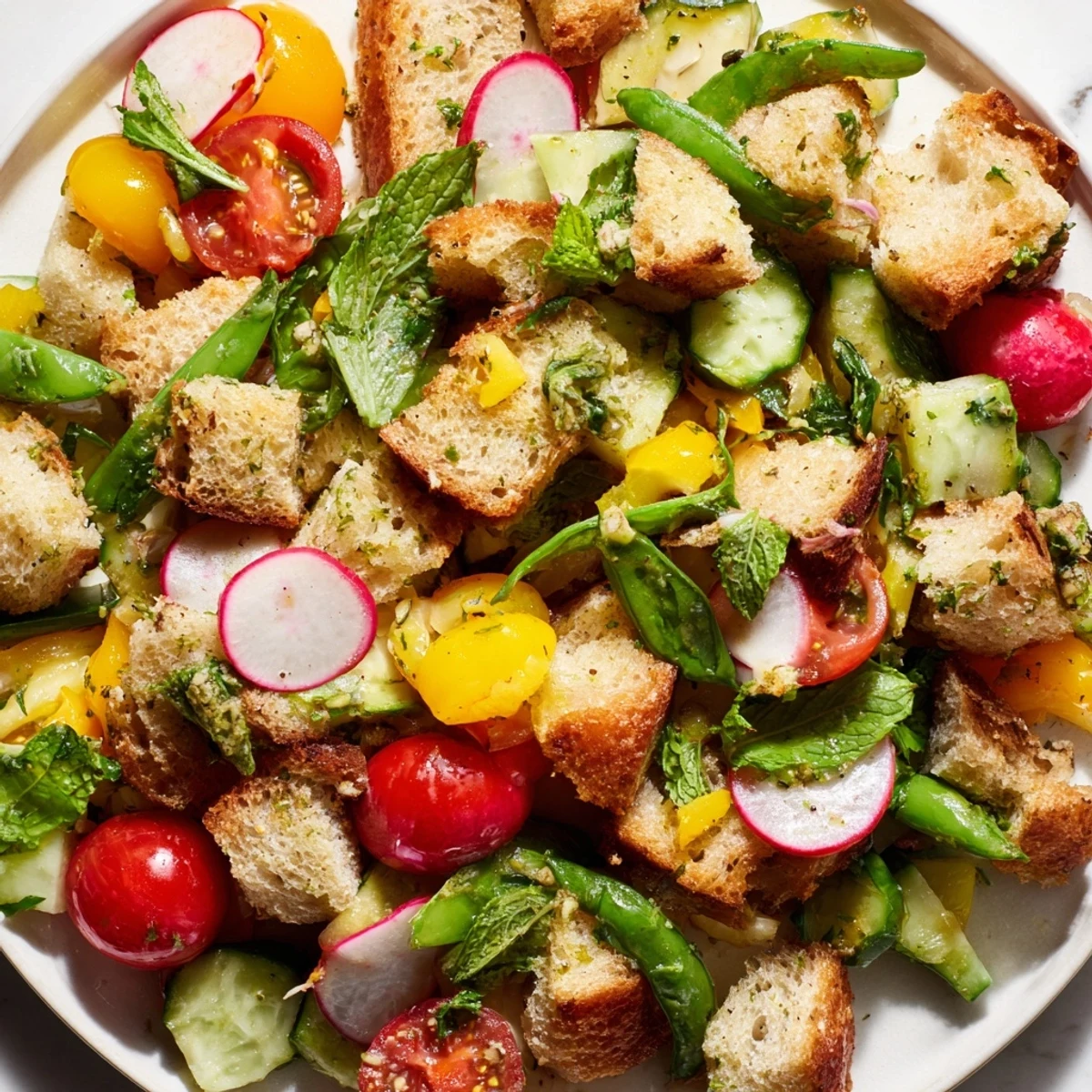Fresh Spring Panzanella featuring radishes, snap peas, and basil in a light red wine dressing