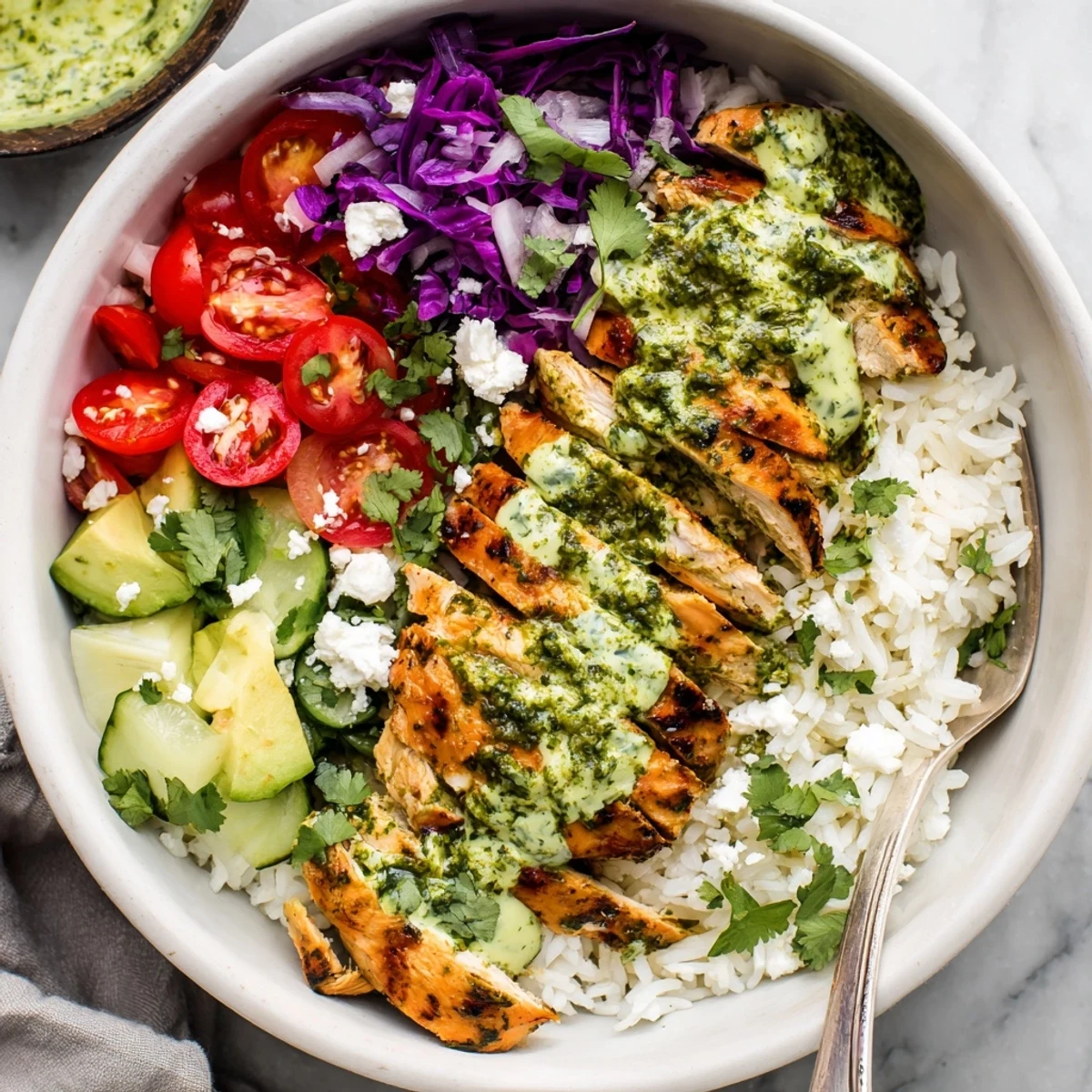 Golden grilled chicken glazed with bright green chimichurri sauce over fluffy rice with colorful vegetables