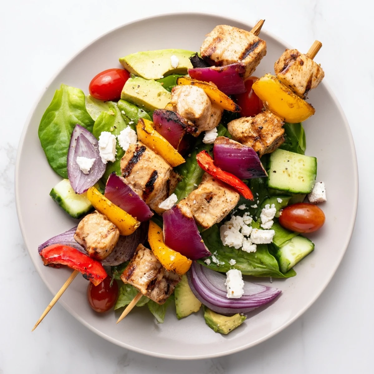 Fresh BBQ chicken skewer salad with colorful grilled peppers and creamy feta cheese
