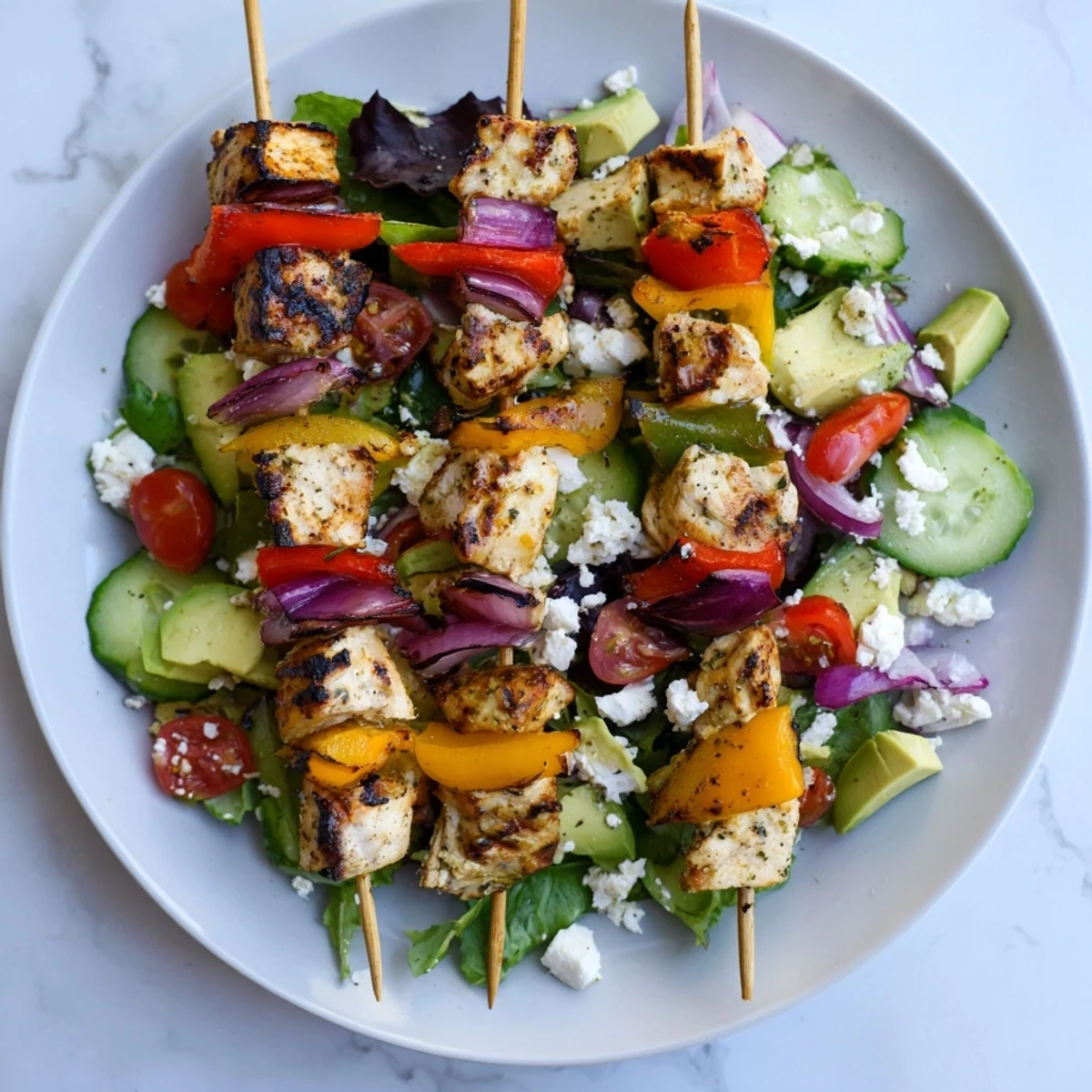 Sliced BBQ chicken skewers arranged over mixed greens with cherry tomatoes and avocado