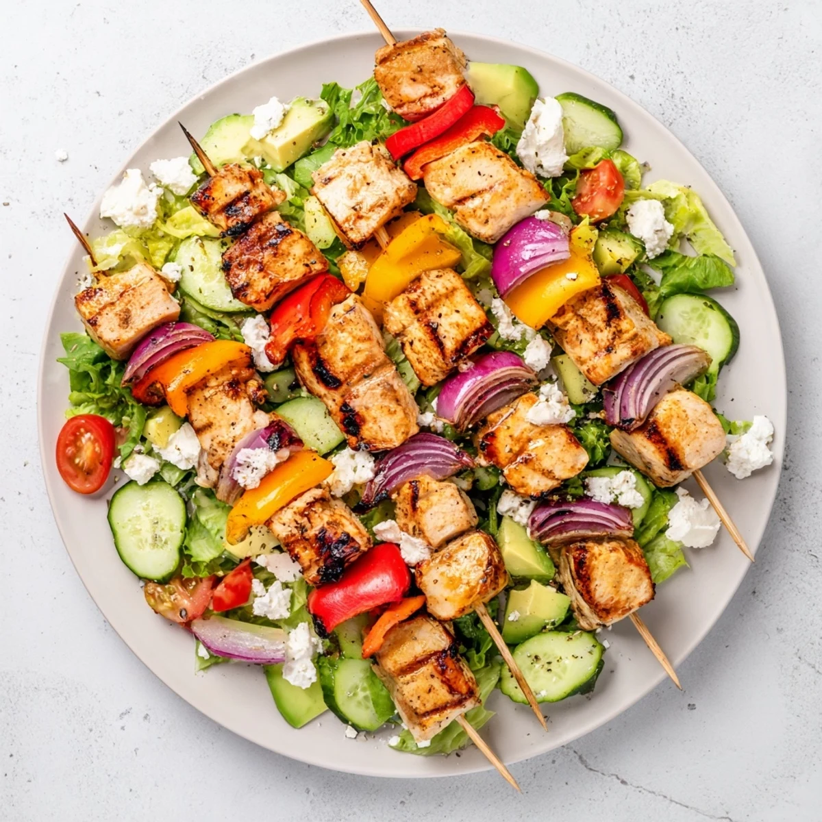 Glazed BBQ chicken skewer salad plated with crisp cucumber and zesty honey dressing