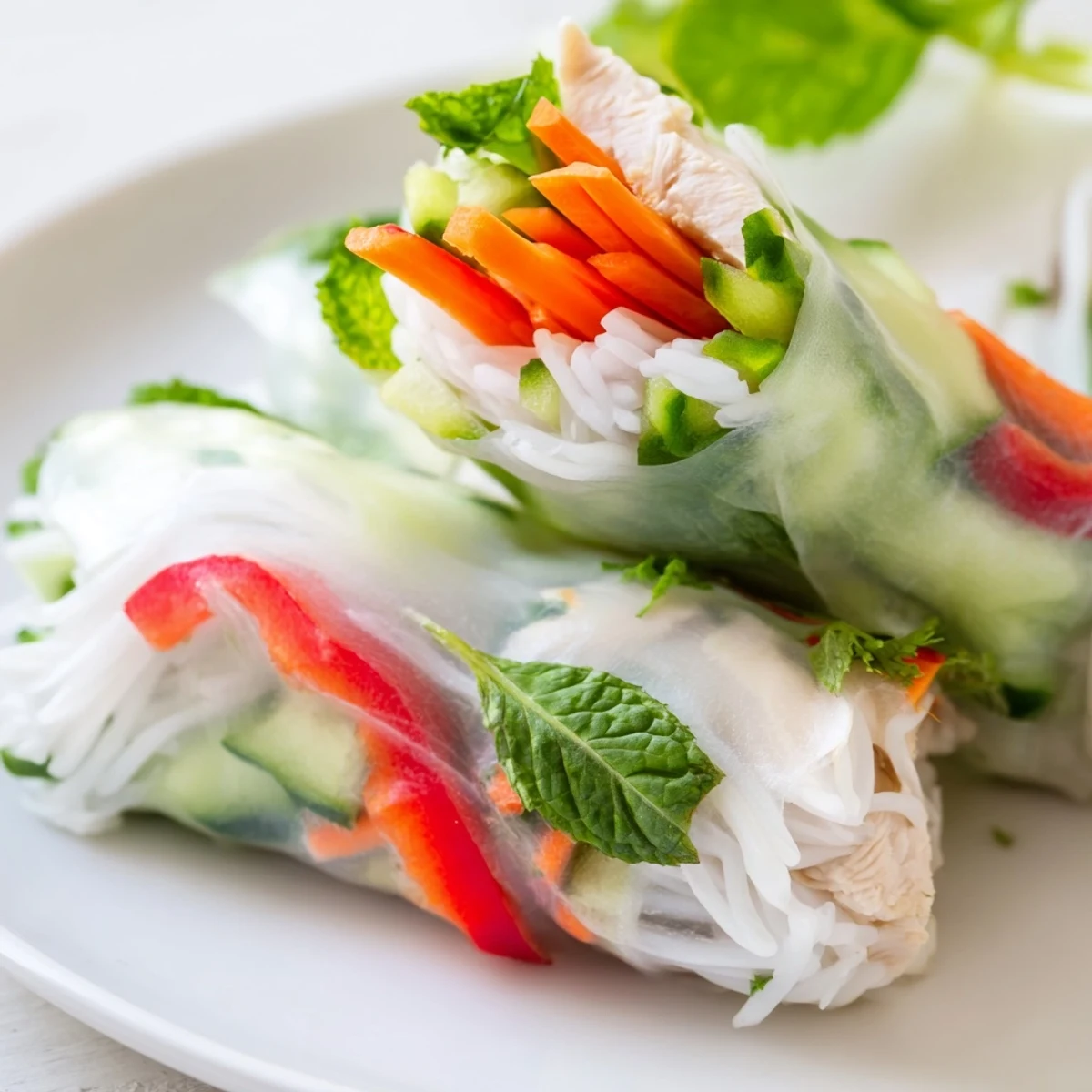 Hand-wrapped Vietnamese summer rolls with chicken featuring sliced tender meat, vibrant julienned carrots and cucumber visible through delicate rice paper