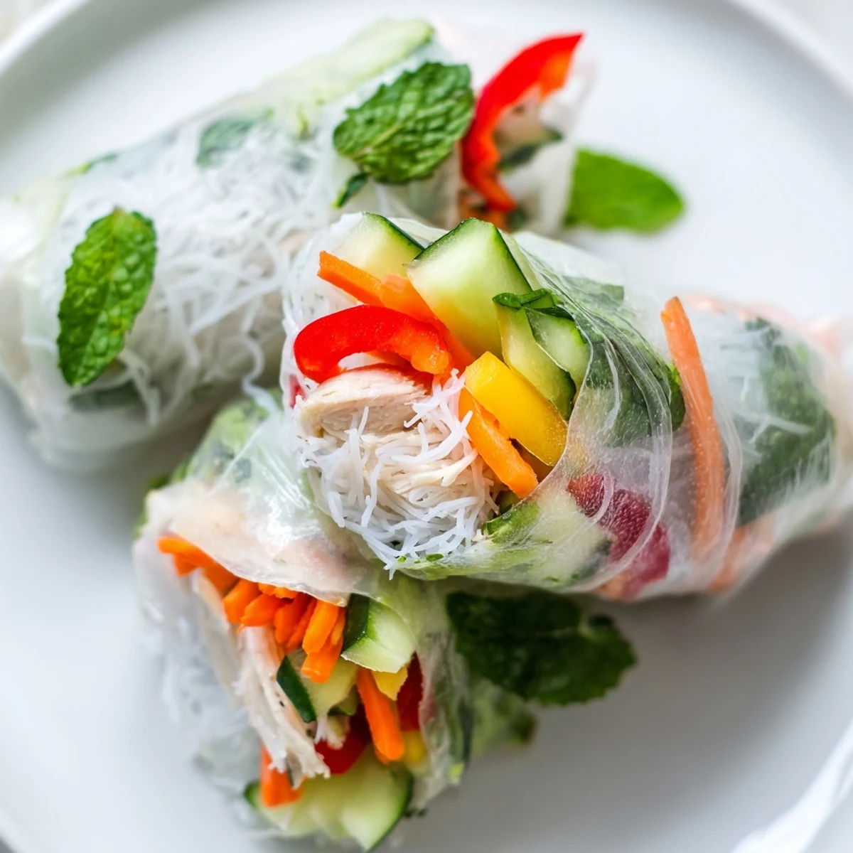 Fresh Vietnamese summer rolls with chicken arranged on serving board with vibrant red bell pepper, green herbs and rich peanut dipping sauce