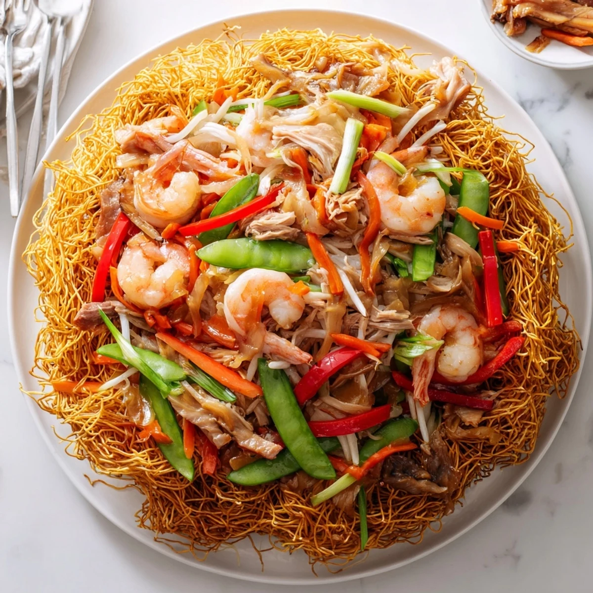 Plate of Cantonese Chow Mein featuring crunchy noodles crowned with tender meat and vibrant crisp vegetable medley