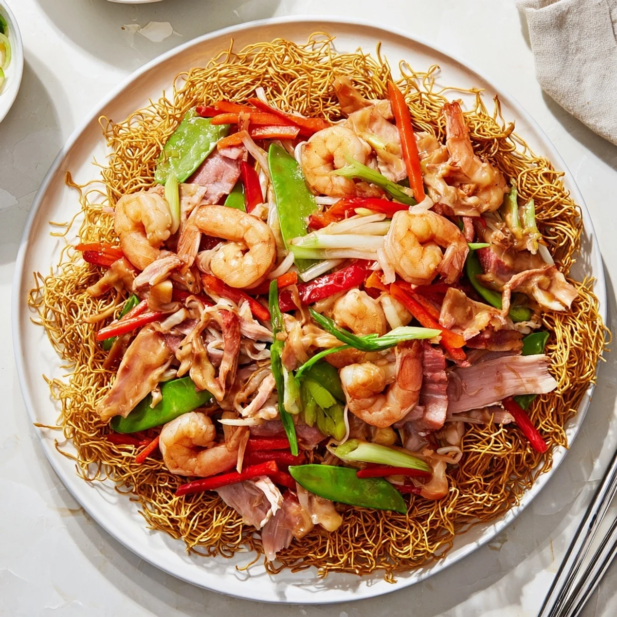Steaming Cantonese Chow Mein served family-style with protein-packed stir-fry topping drizzled over perfectly fried egg noodles