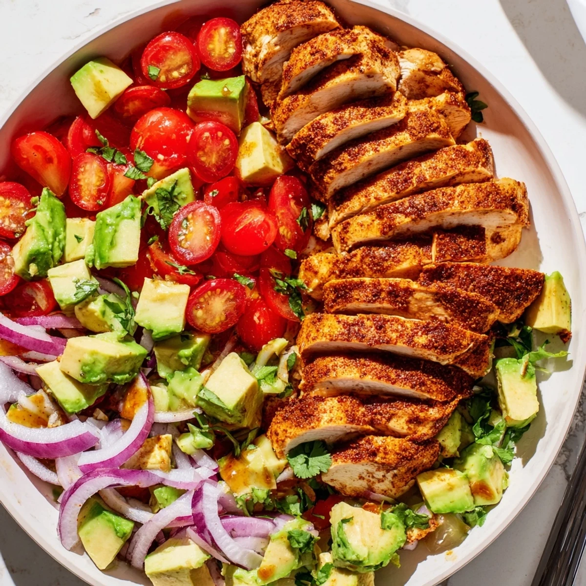 Juicy pan-seared honey lime chicken breast served with fresh diced avocado and colorful vegetables