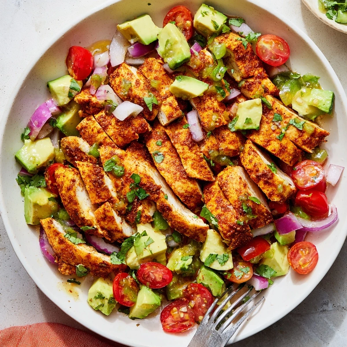 Golden brown sliced chicken atop creamy avocado salad with zesty honey lime dressing drizzled generously