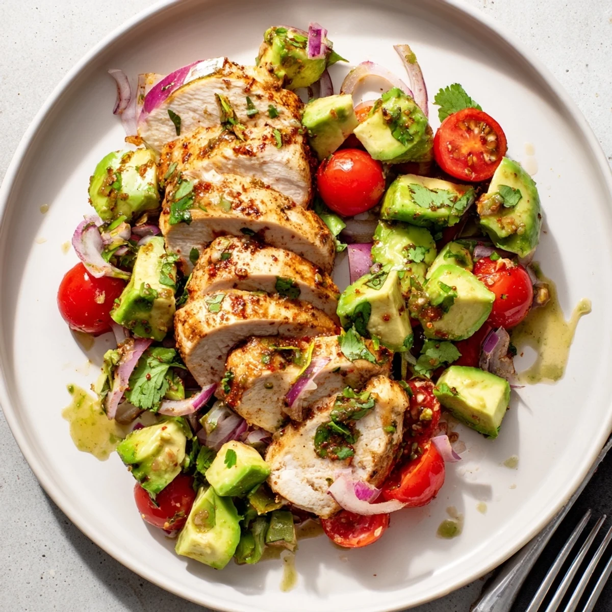 Healthy honey lime chicken avocado bowl featuring spiced tender breast with vibrant cherry tomatoes and cilantro