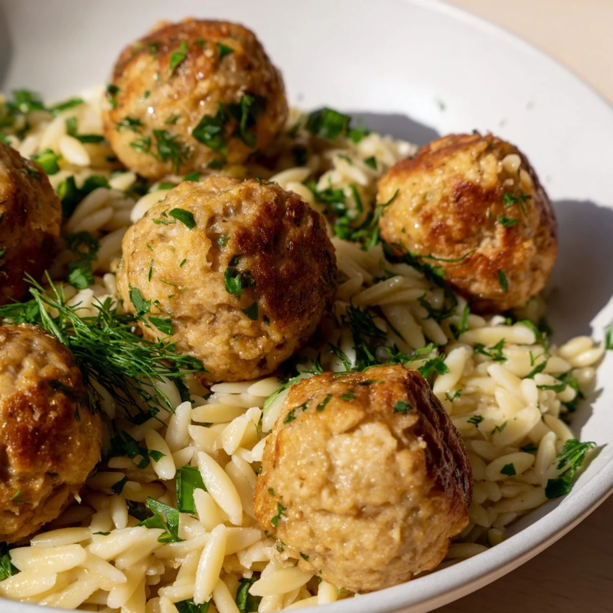 Golden brown chicken meatballs nestled over bright lemon orzo with fresh herbs