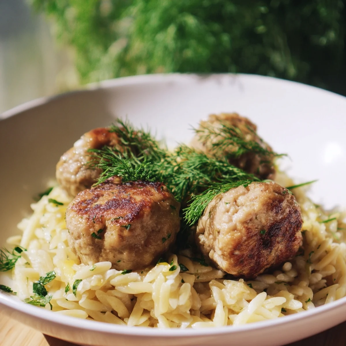 Juicy Greek chicken meatballs arranged atop creamy lemon orzo with dill garnish
