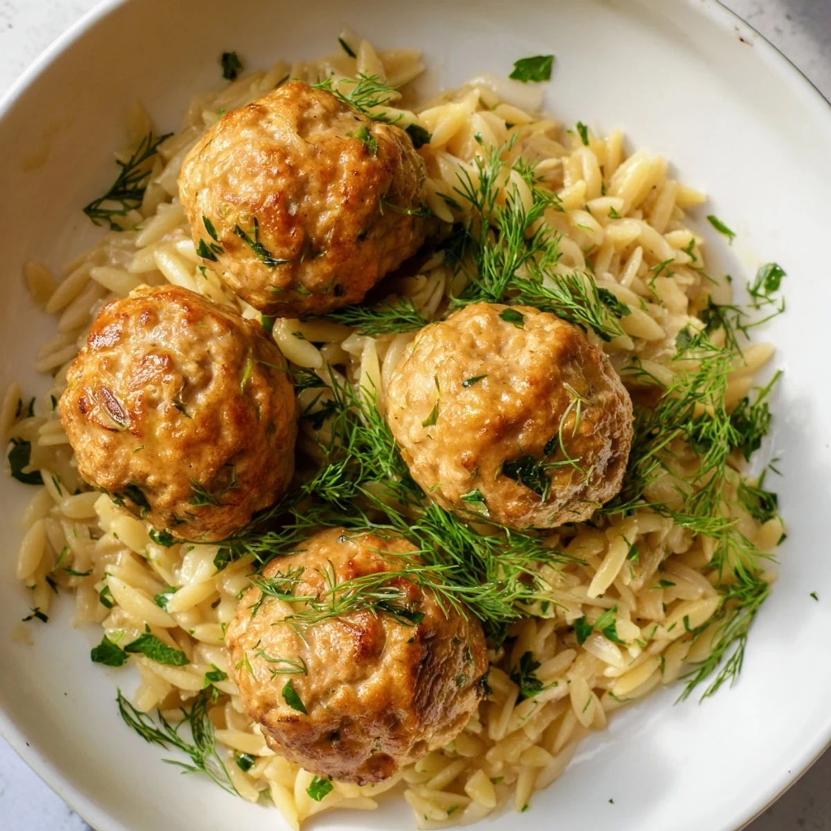 Plate of Mediterranean chicken meatballs served over lemon orzo with fresh parsley