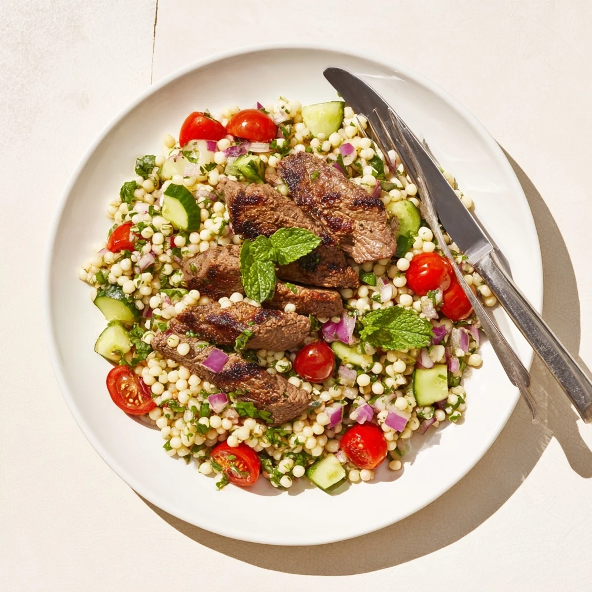 Juicy grilled skirt steak slices served over colorful pearl couscous salad with fresh vegetables