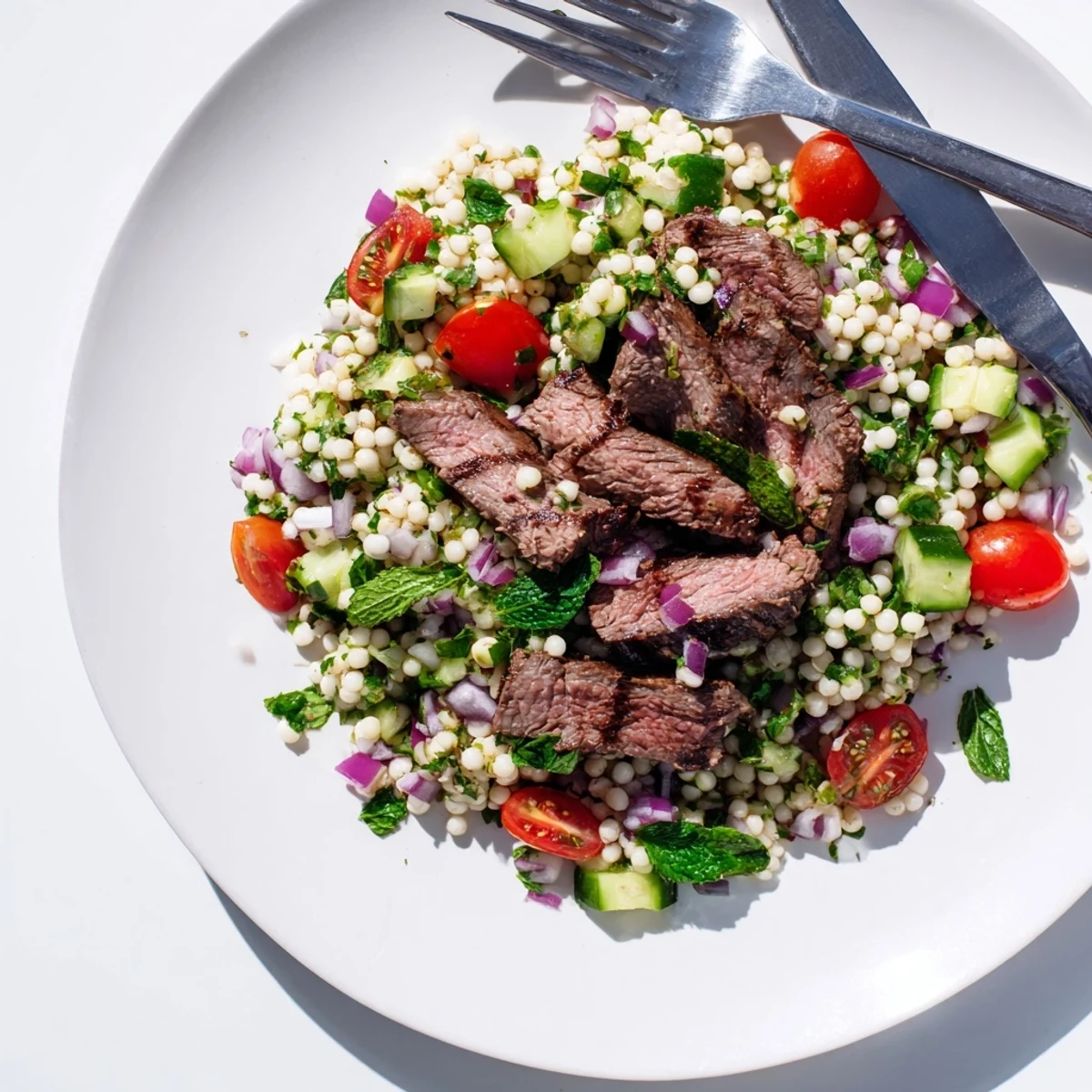 Perfectly grilled skirt steak plated on a bed of zesty herb pearl couscous salad