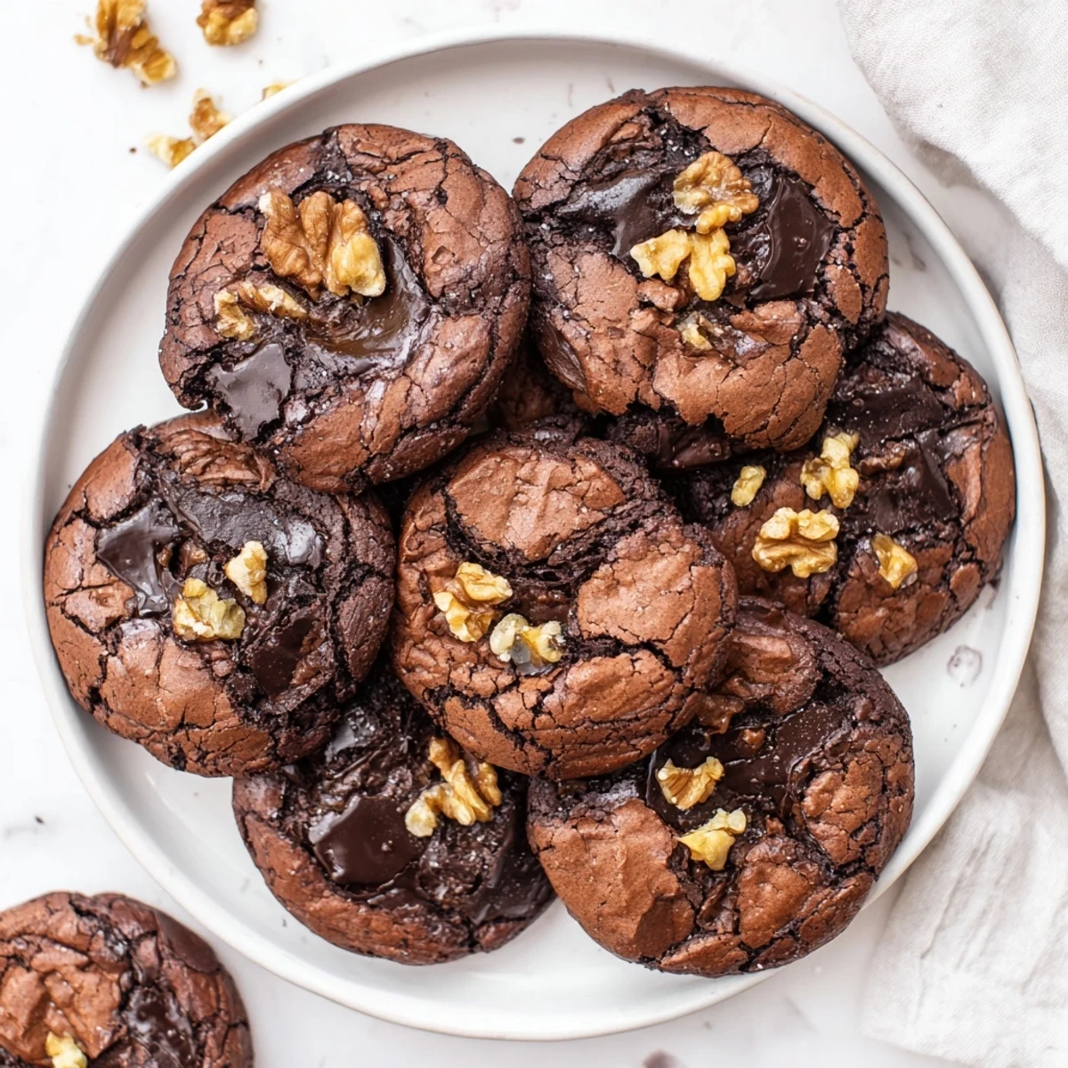 Batch of chocolate sourdough brownie cookies cooling on wire rack with textured centers
