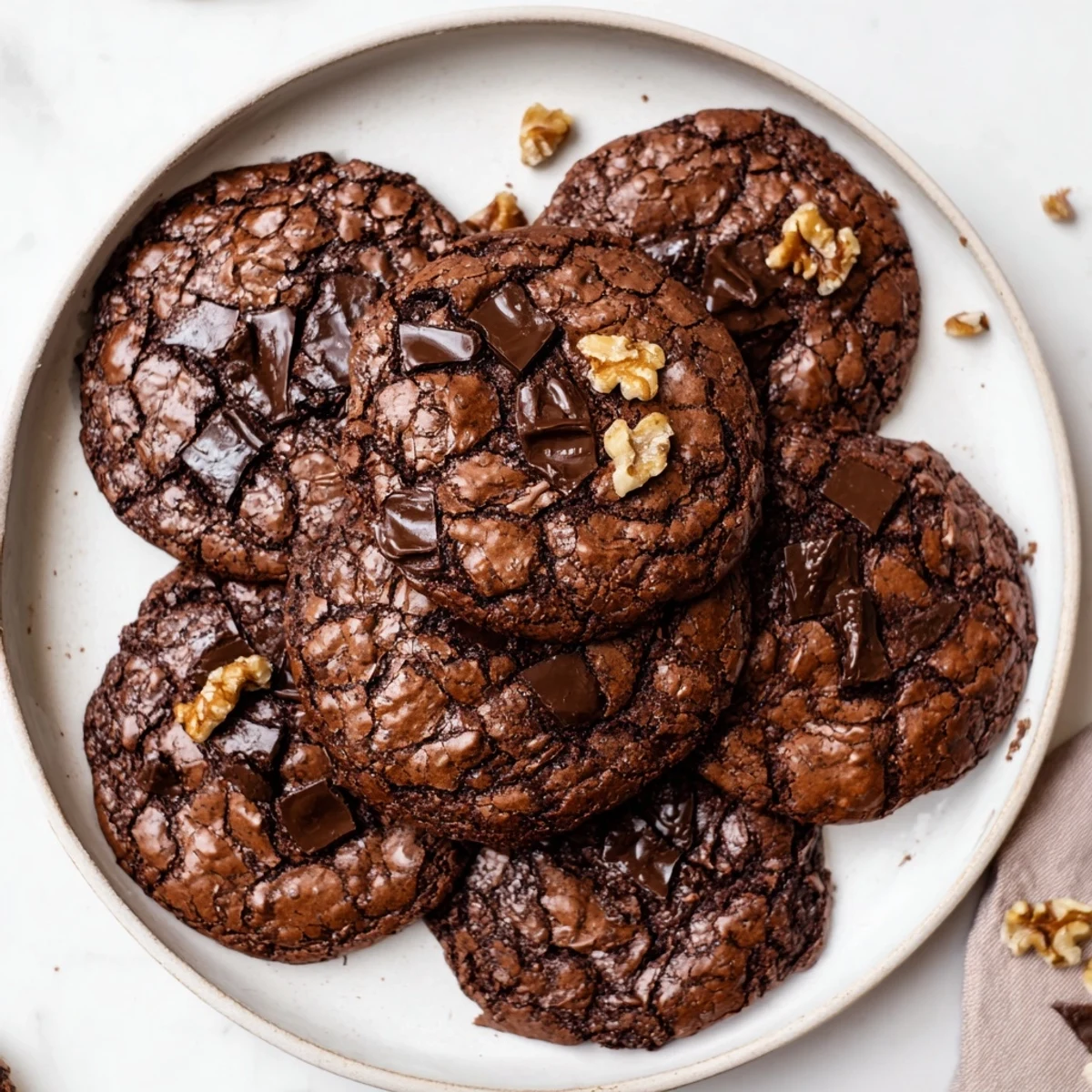 Fudgy sourdough brownie cookies with shiny crackled tops and melted chocolate chunks