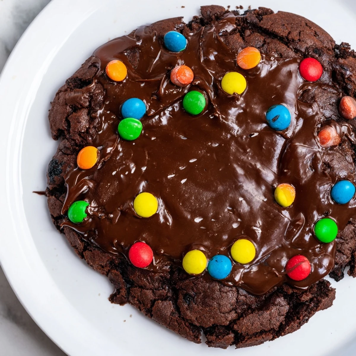 Fudgy Cosmic Brownie Cookies topped with glossy ganache and colorful rainbow candy chips