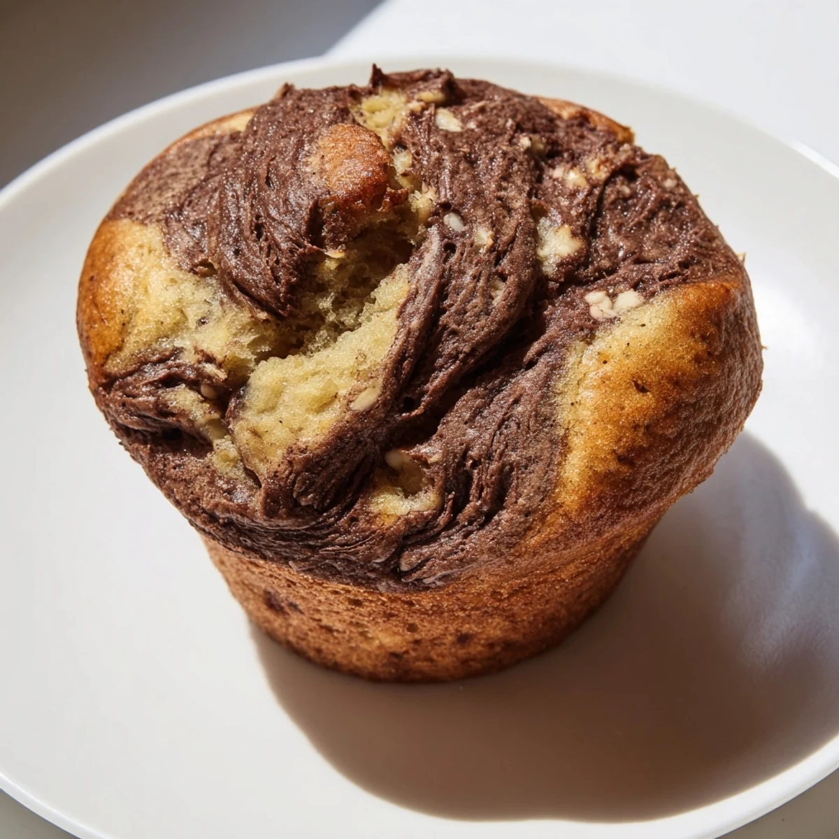 Golden brown Nutella banana swirl muffins topped with a rich chocolate hazelnut spiral pattern