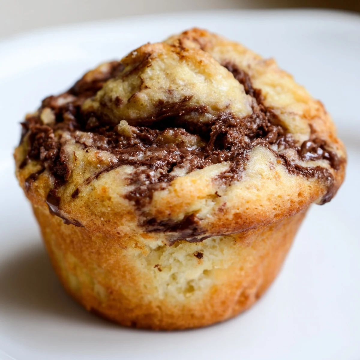 Freshly baked banana muffins with marbled Nutella swirls cooling on a wire rack
