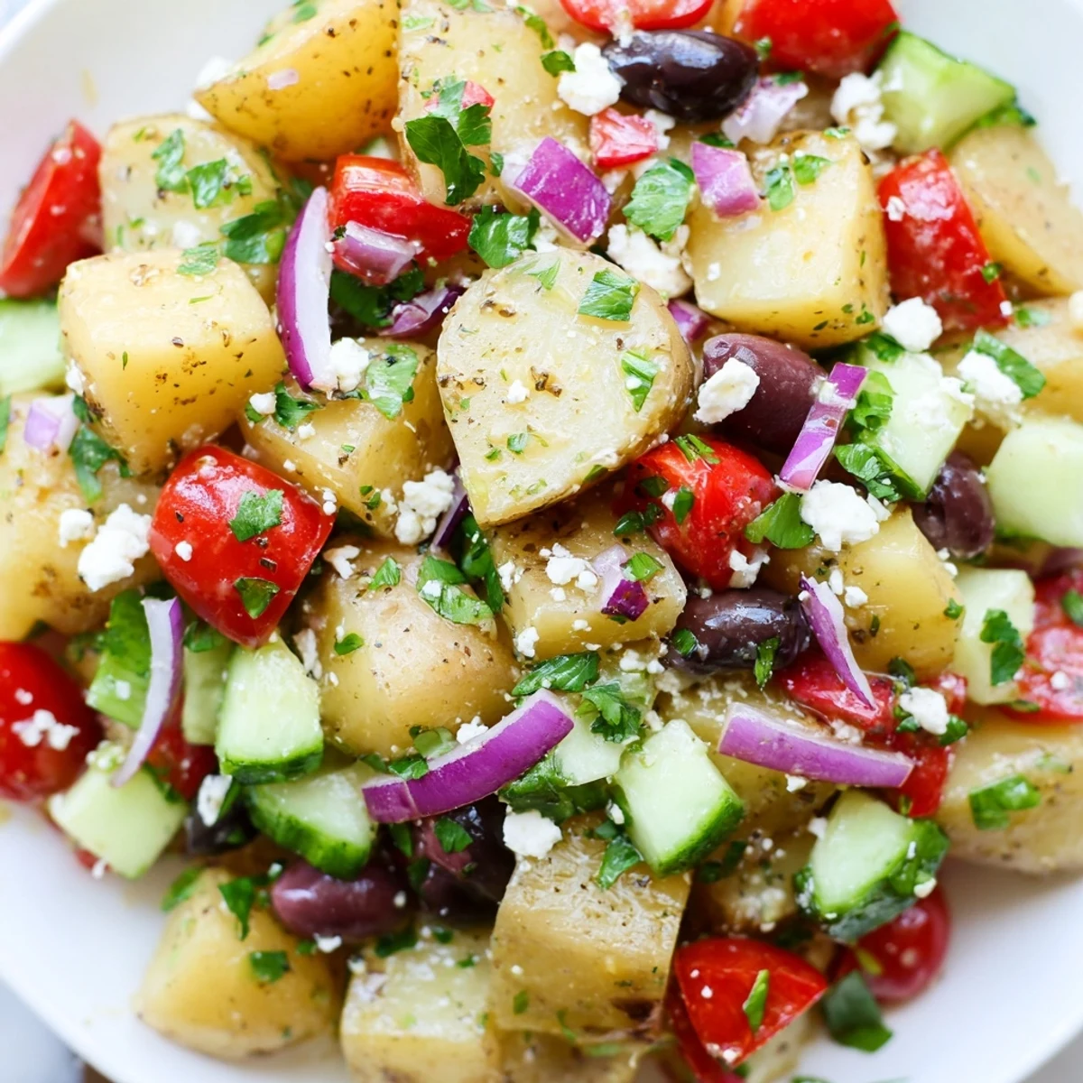 Creamy Greek potato salad with red onion, cucumber, and cherry tomatoes topped with feta cheese