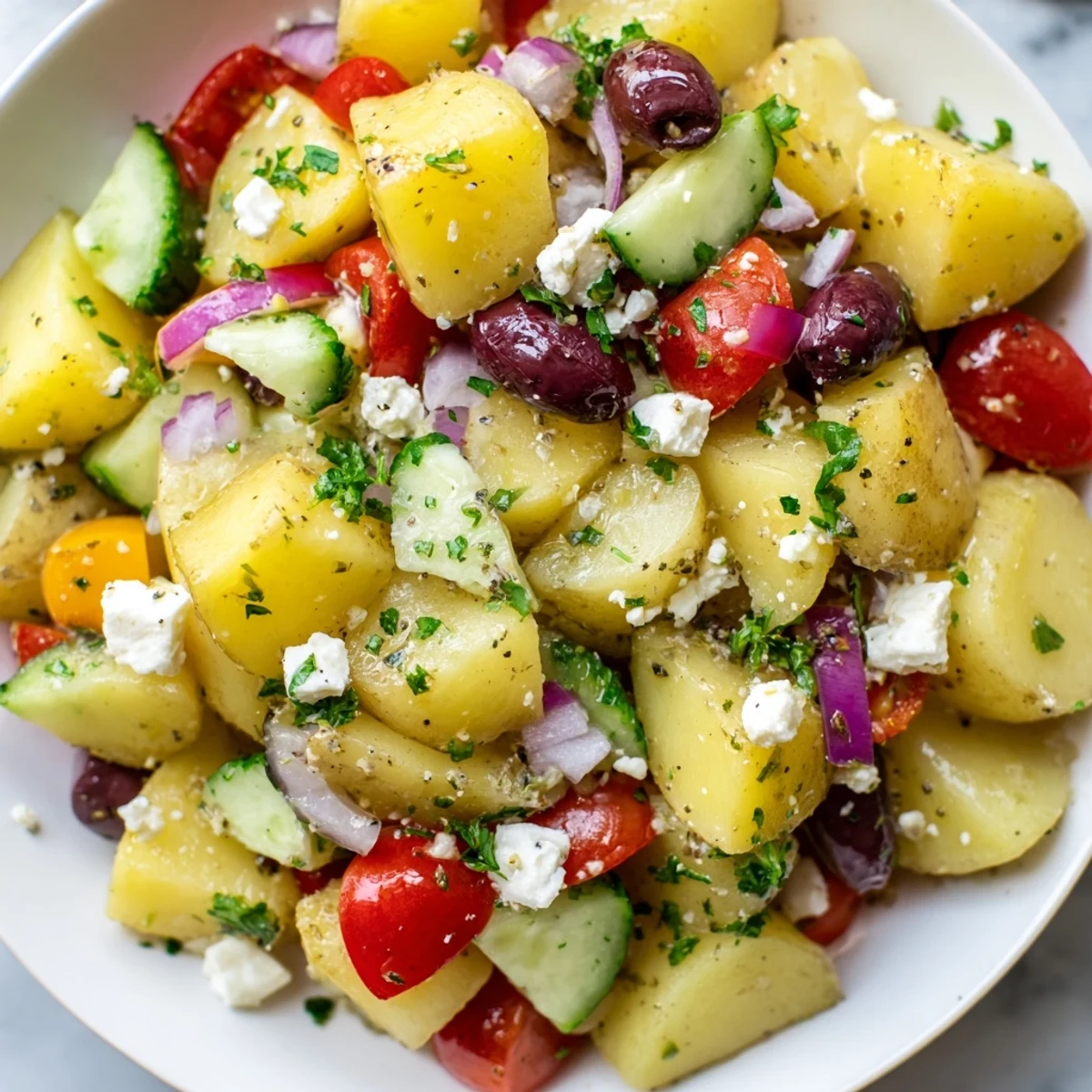 Vibrant Greek potato salad featuring tender potatoes, Kalamata olives, and fresh parsley in zesty dressing