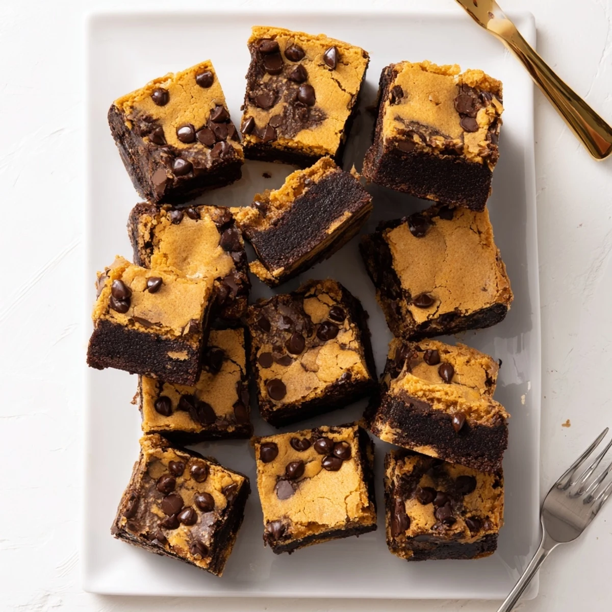 Fudgy chewy browkies with cracked tops showing melted chocolate chips and marbled layers