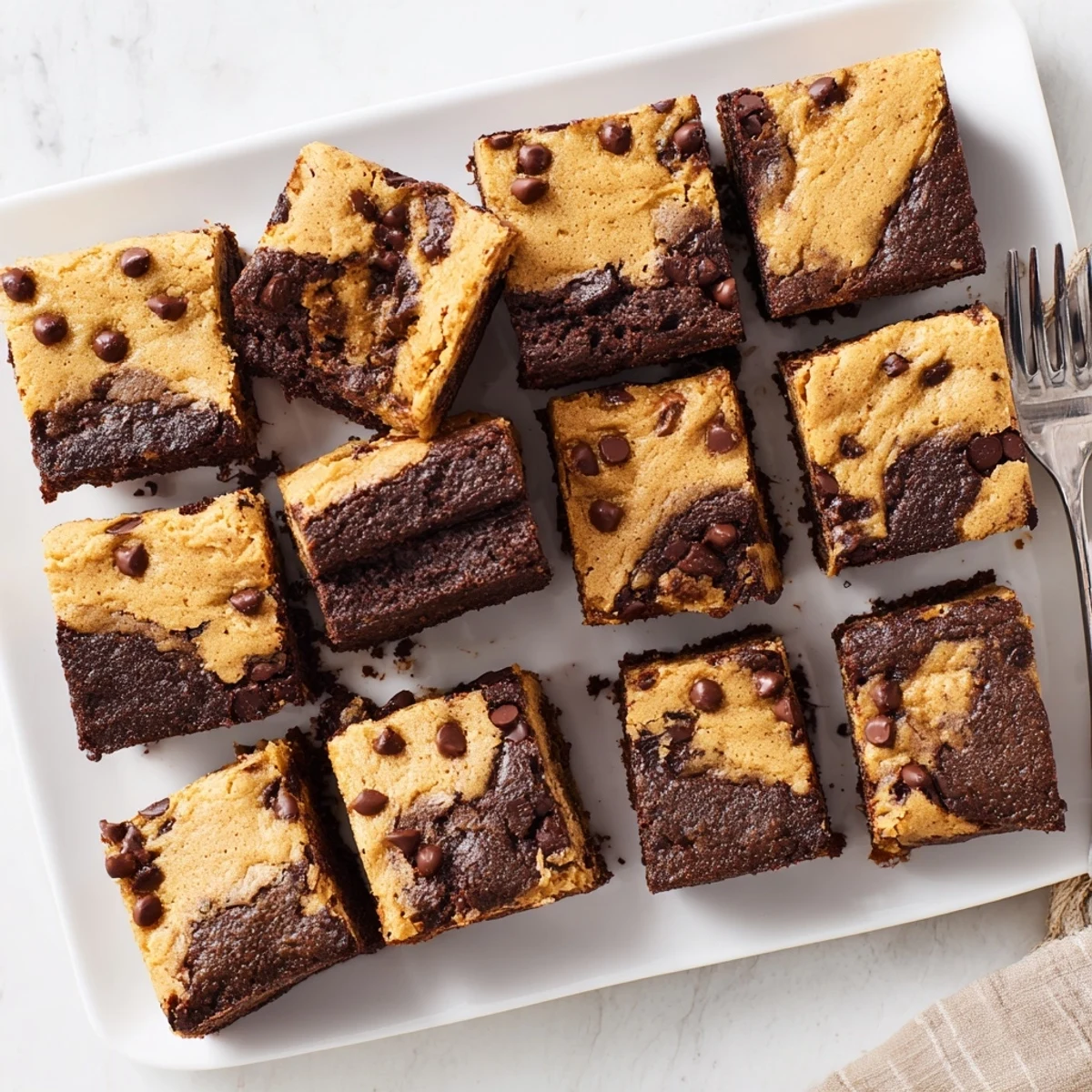 Freshly baked fudgy chewy browkies sliced into squares on a white serving plate