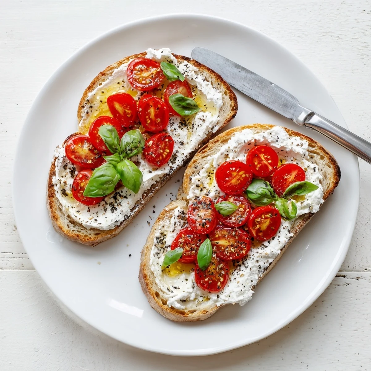 Golden ricotta tomato sourdough toast topped with fresh basil and juicy cherry tomatoes