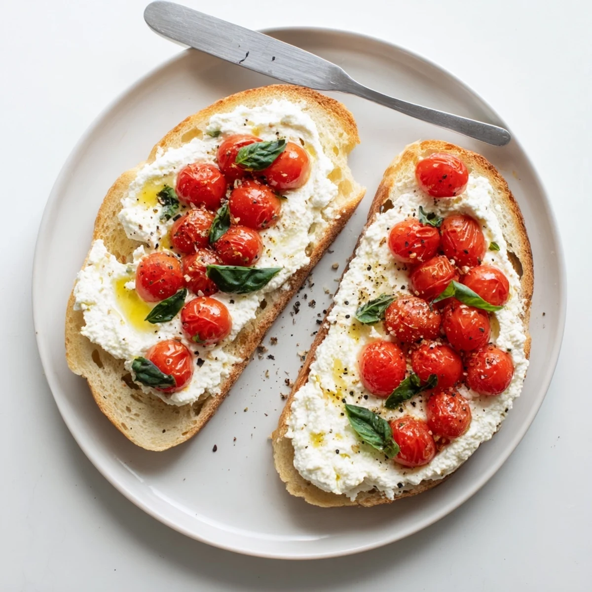 Creamy ricotta spread on crispy sourdough with vibrant tomatoes and flaky sea salt