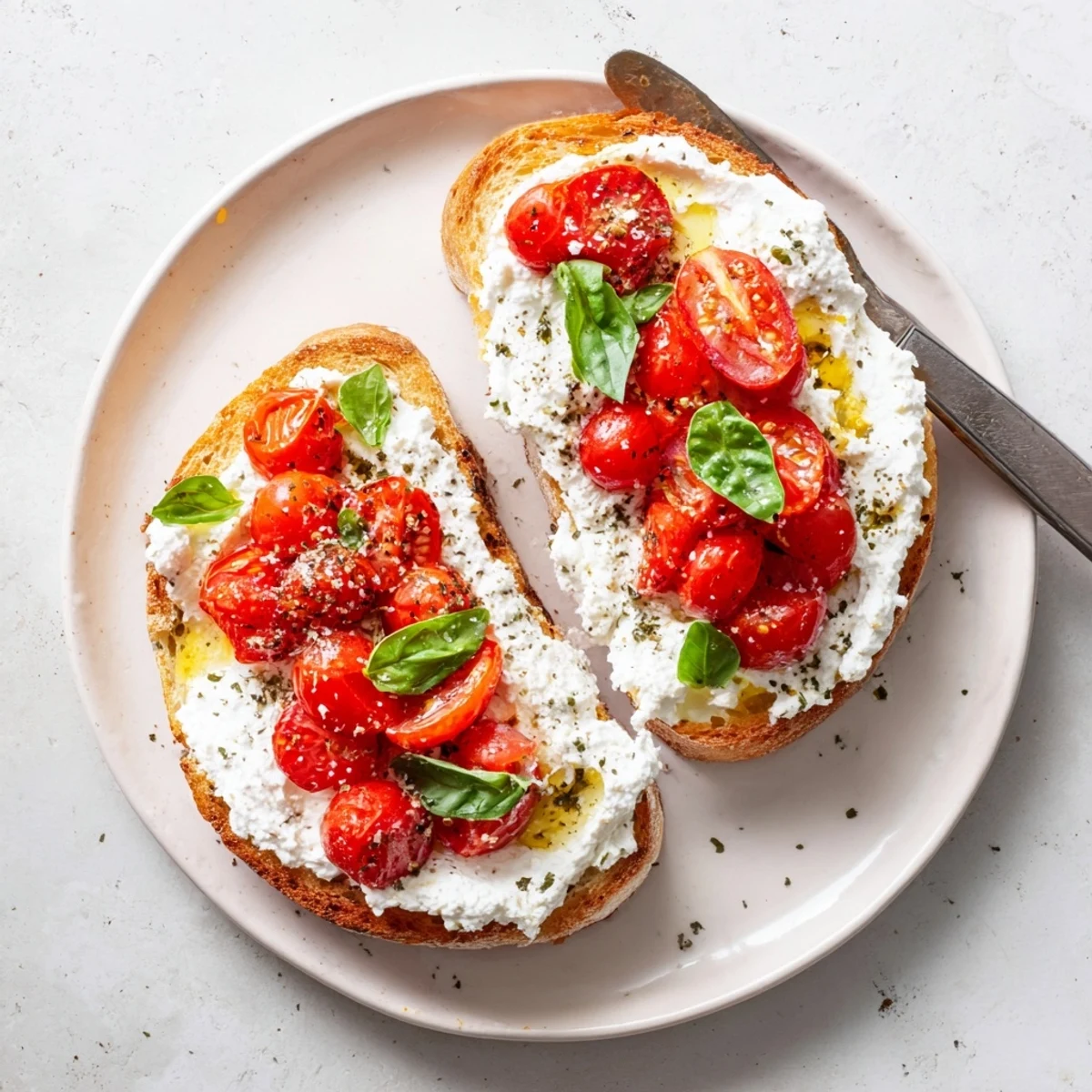 Mediterranean breakfast toast featuring tangy ricotta cheese, ripe tomatoes, and torn basil leaves
