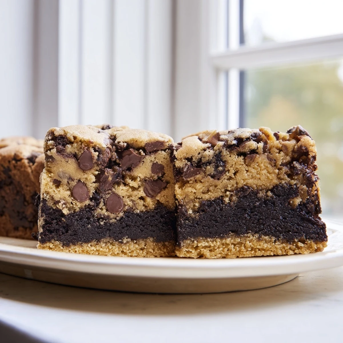 Golden chocolate chip cookie brownie bars stacked on a white serving plate