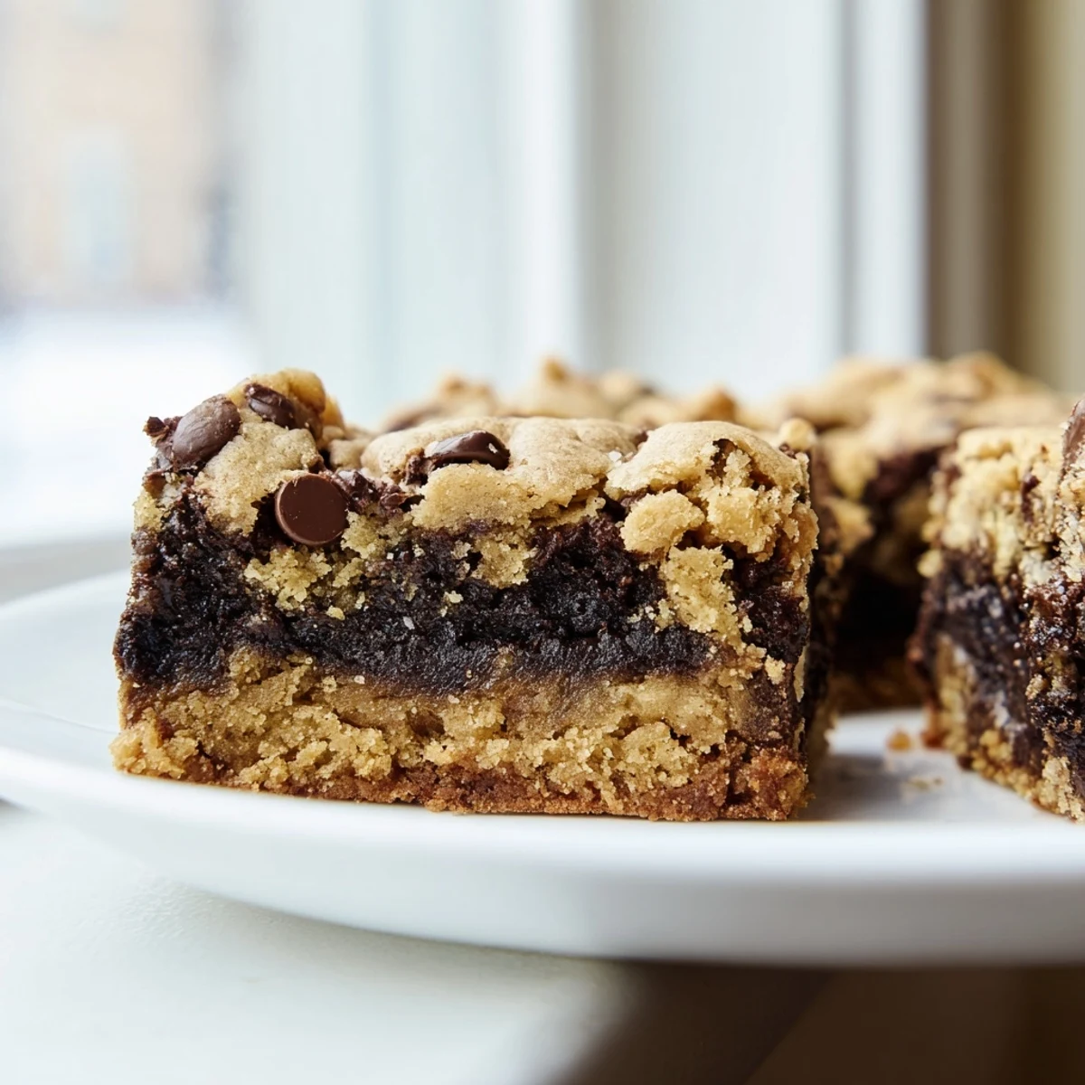Square slice of chocolate chip cookie brownie revealing dual layered texture