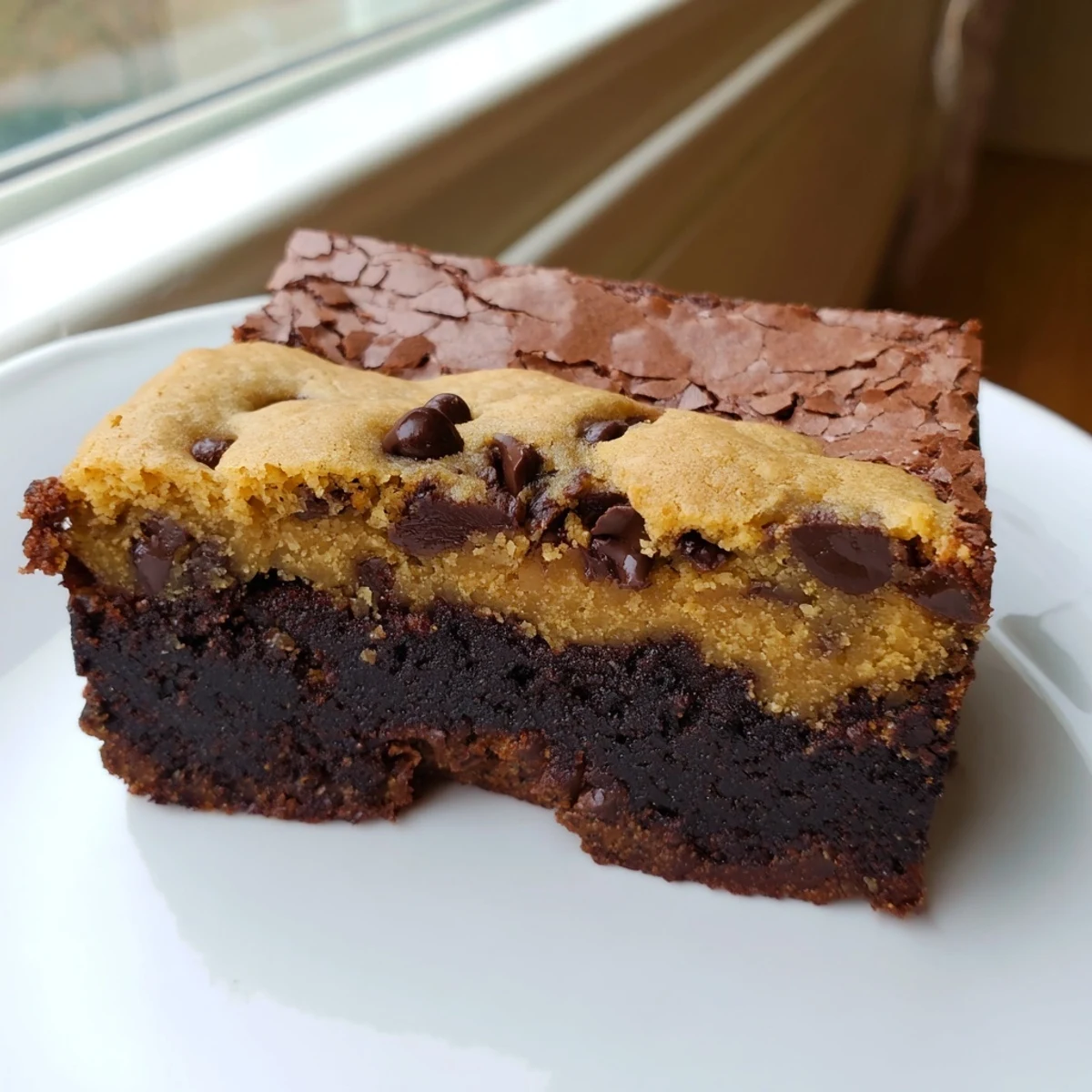 Fudgy chocolate chip cookie brownies with melting chips and crackly baked top