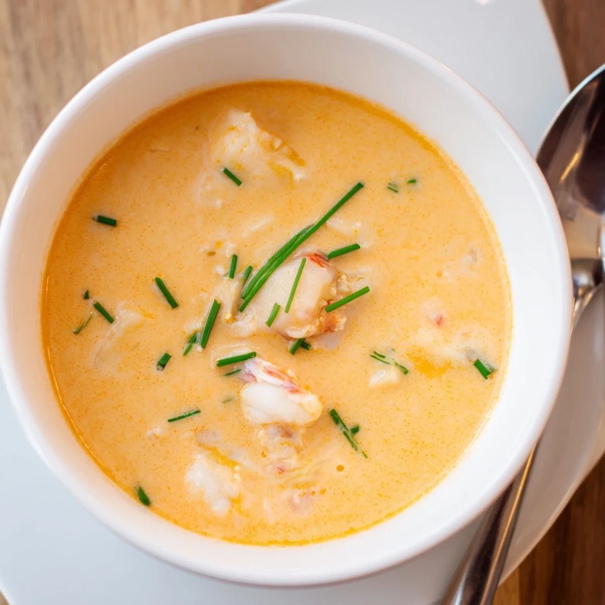 Creamy seafood bisque featuring tender crab and shrimp in a smooth velvety orange-hued soup bowl