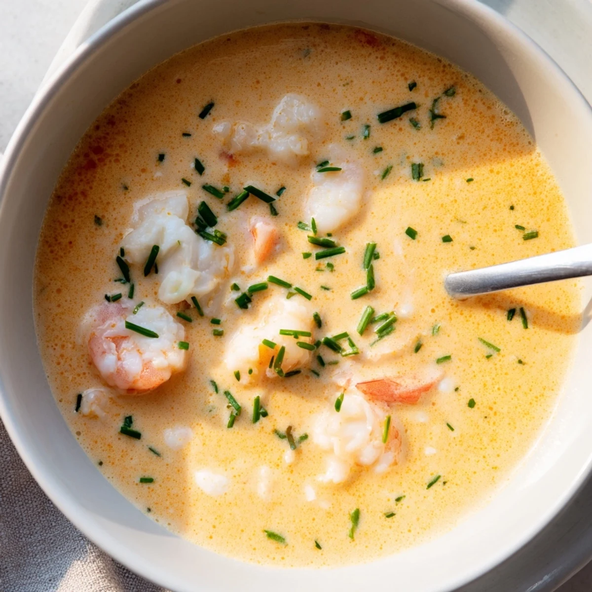 Gourmet seafood bisque showcasing lump crab and shrimp swimming in a rich creamy tomato-based broth