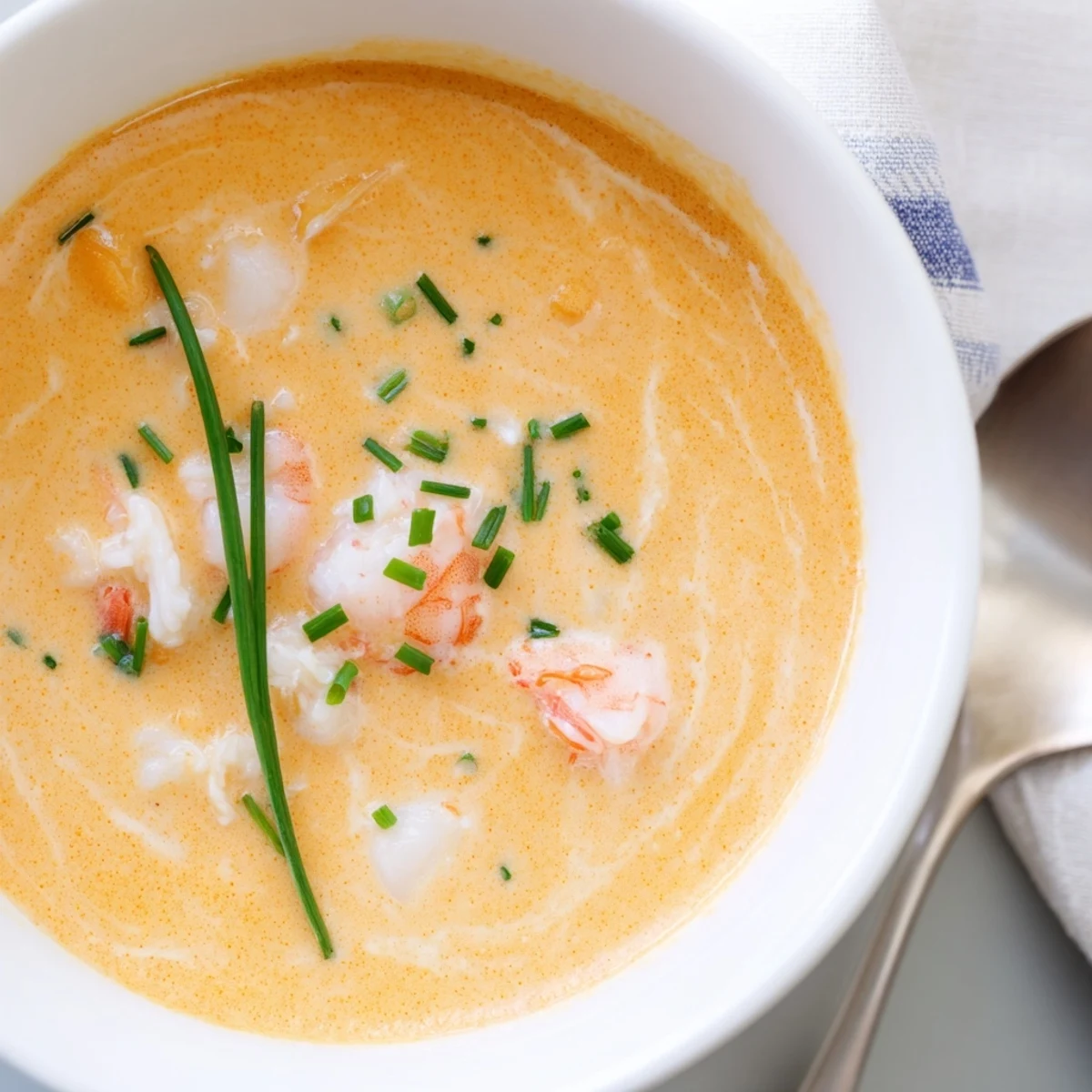 Steaming hot seafood bisque brimming with succulent crab meat and plump shrimp garnished with fresh herbs