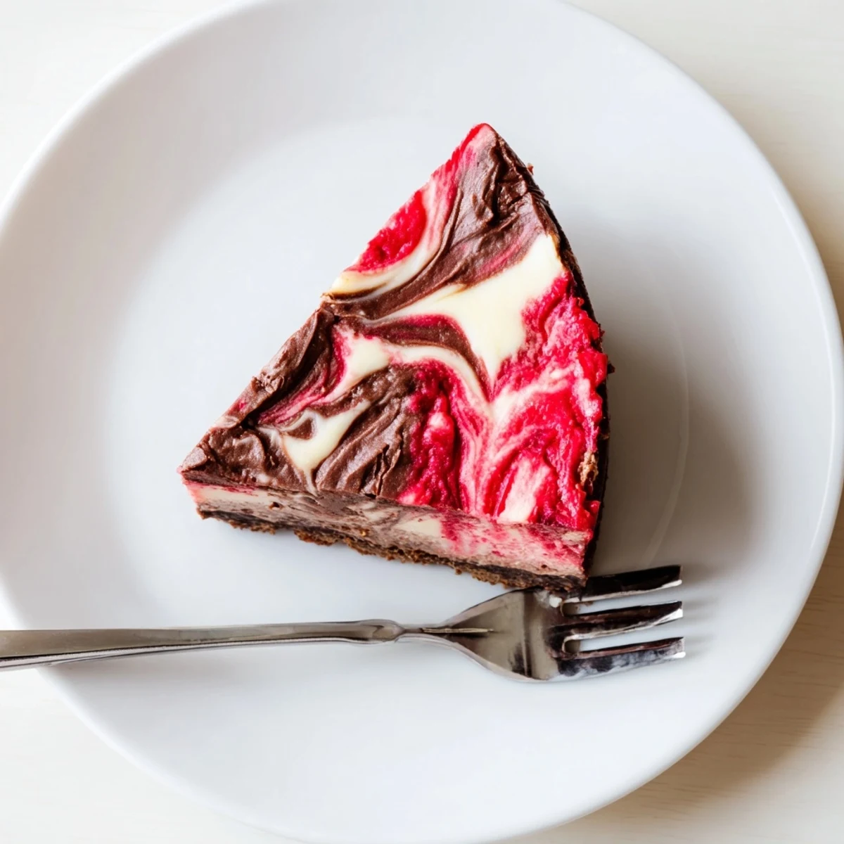 Decadent chocolate strawberry swirl cheesecake with ribboned berry topping on a chocolate crust