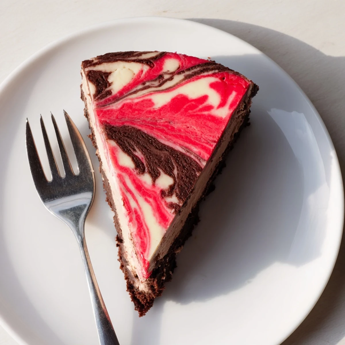 Rich chocolate strawberry swirl cheesecake dessert with vibrant berry swirls on white plate