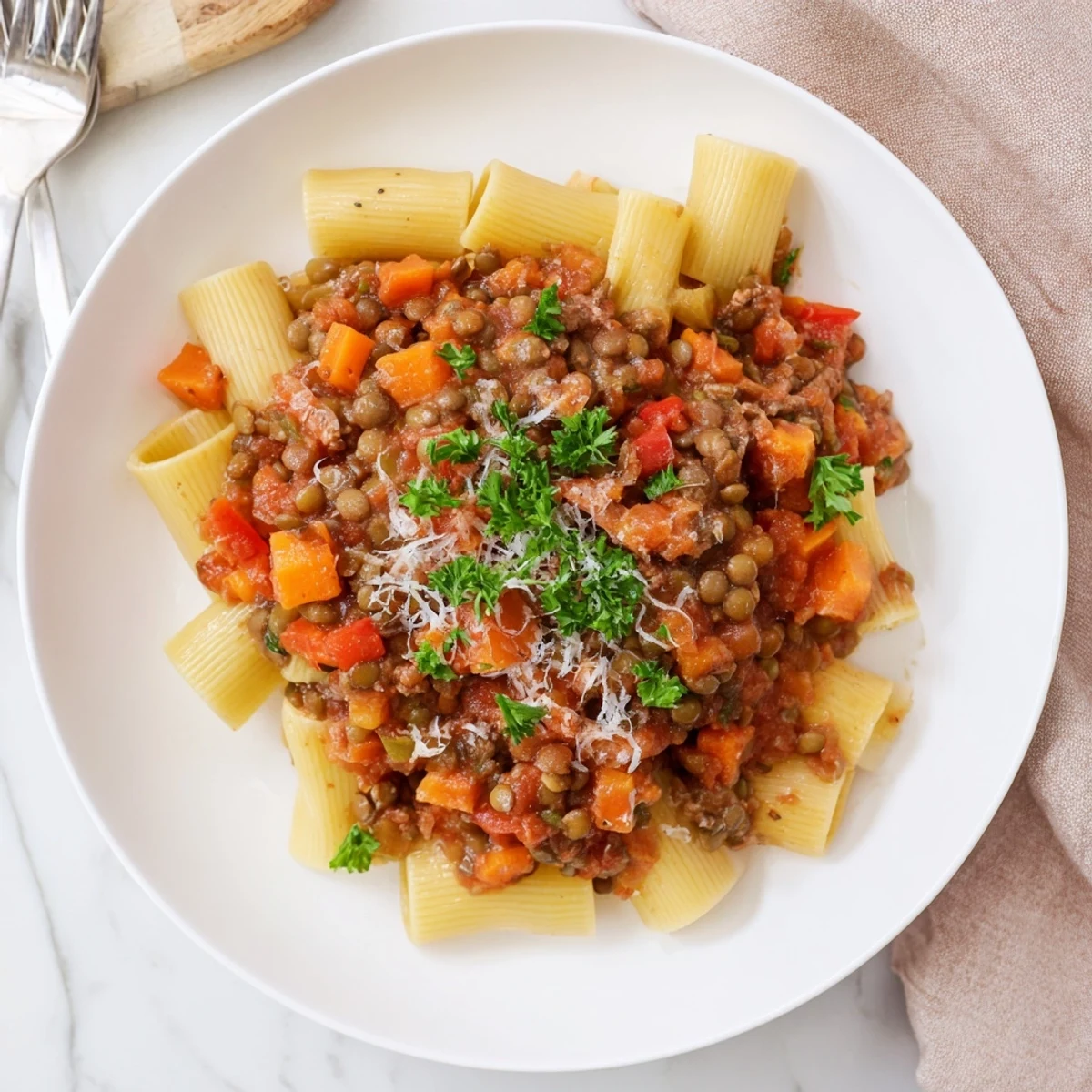 Golden healthy beef and lentil bolognese sauce tossed over pasta with fresh basil garnish