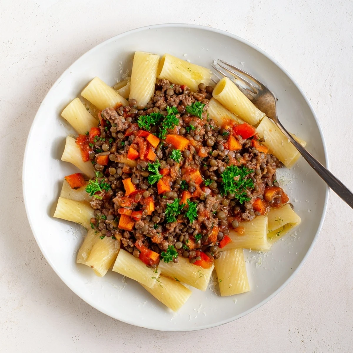 Hearty bowl of beef and lentil bolognese topped with grated Parmesan and green herbs
