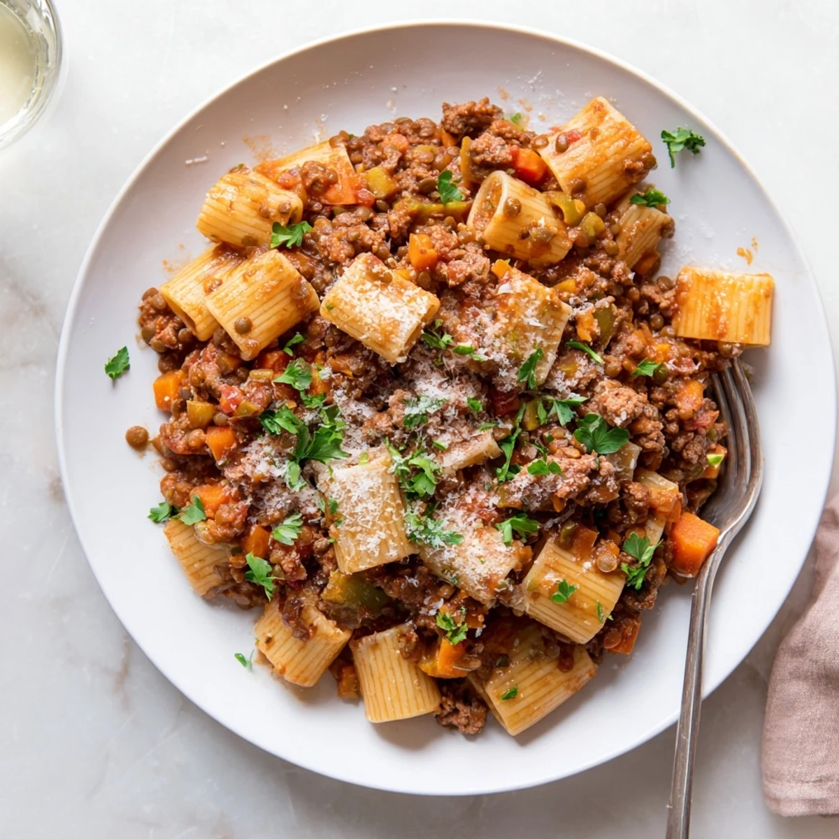 Thick rich bolognese with tender lentils and ground beef served over whole wheat pasta