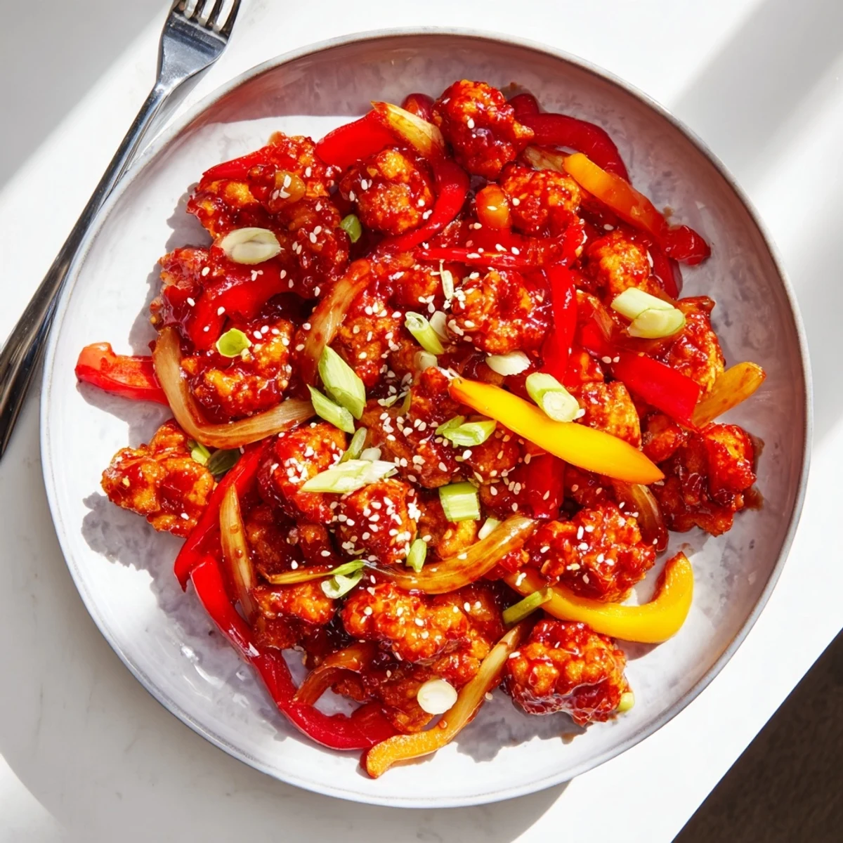 Tender sticky dragon chicken pieces tossed in aromatic chili garlic sauce with fresh green onions