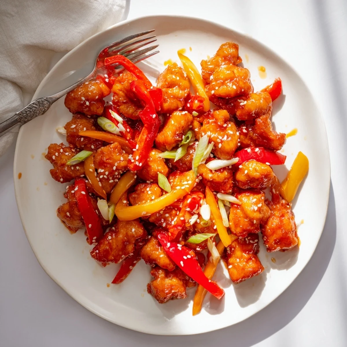 Golden brown spicy dragon chicken glazed in fiery red sauce with colorful bell pepper slices