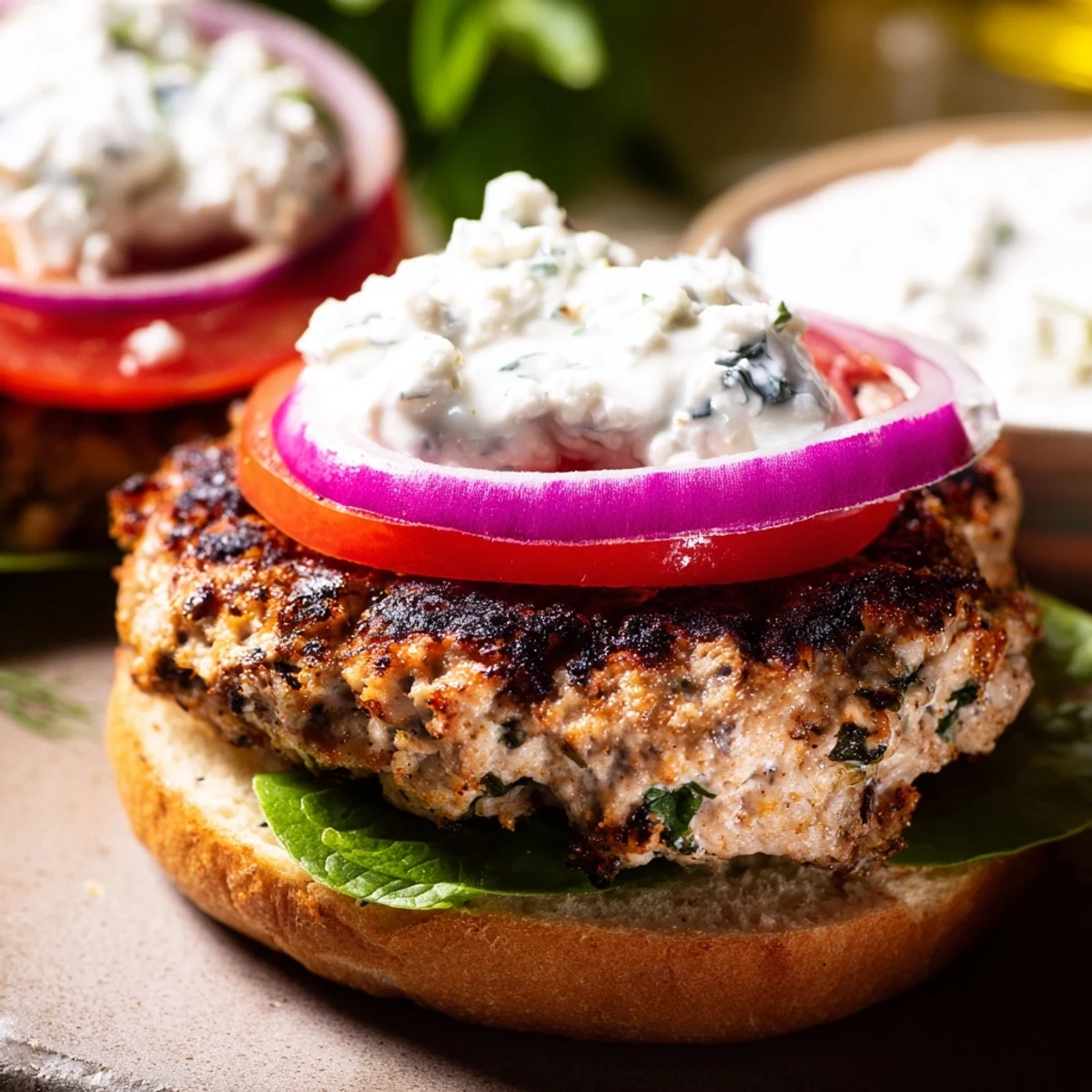 Golden Greek chicken burgers with creamy tzatziki sauce on toasted sesame buns topped with fresh lettuce and tomato slices