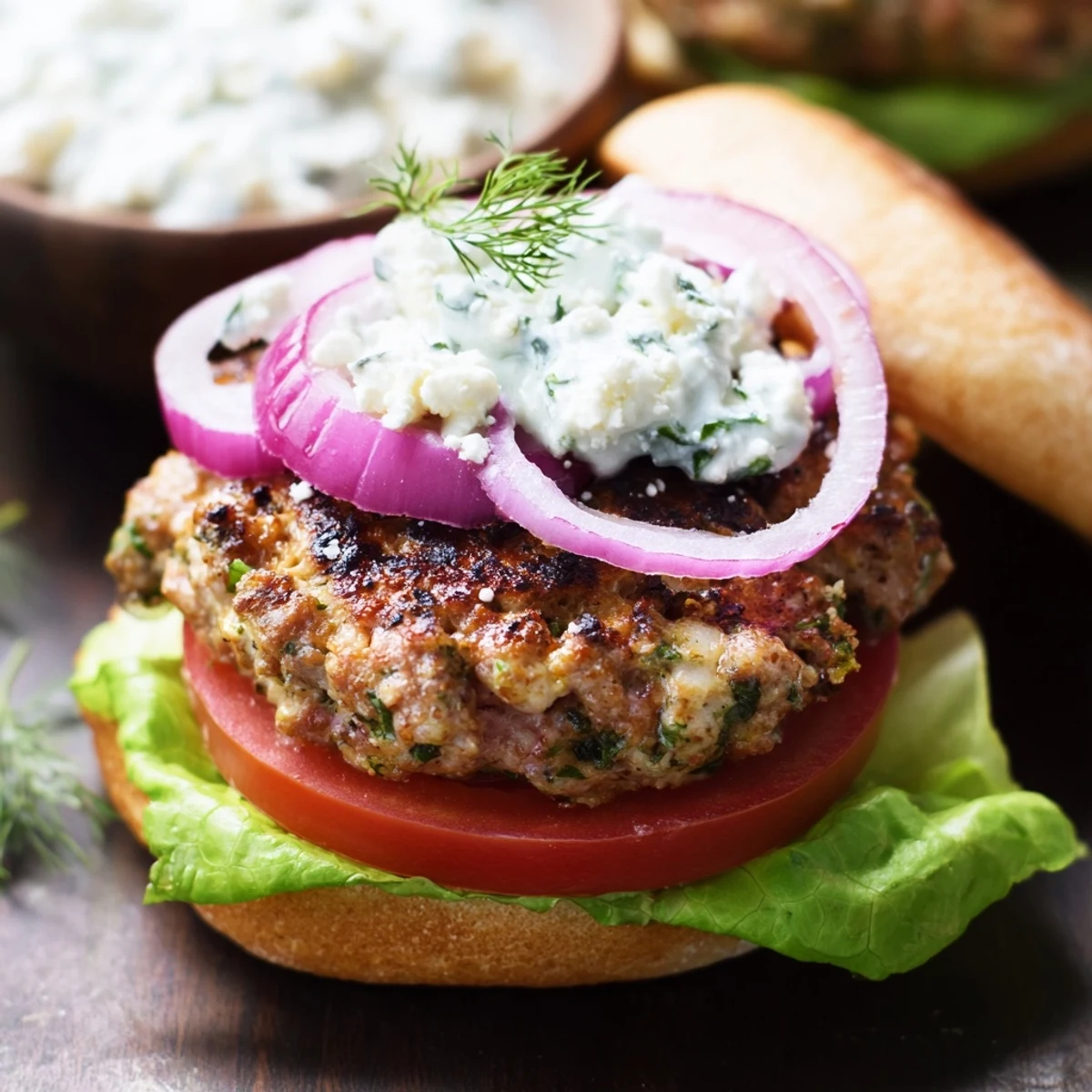 Succulent Mediterranean chicken patties with melted feta cheese and crisp red onion served with zesty homemade tzatziki