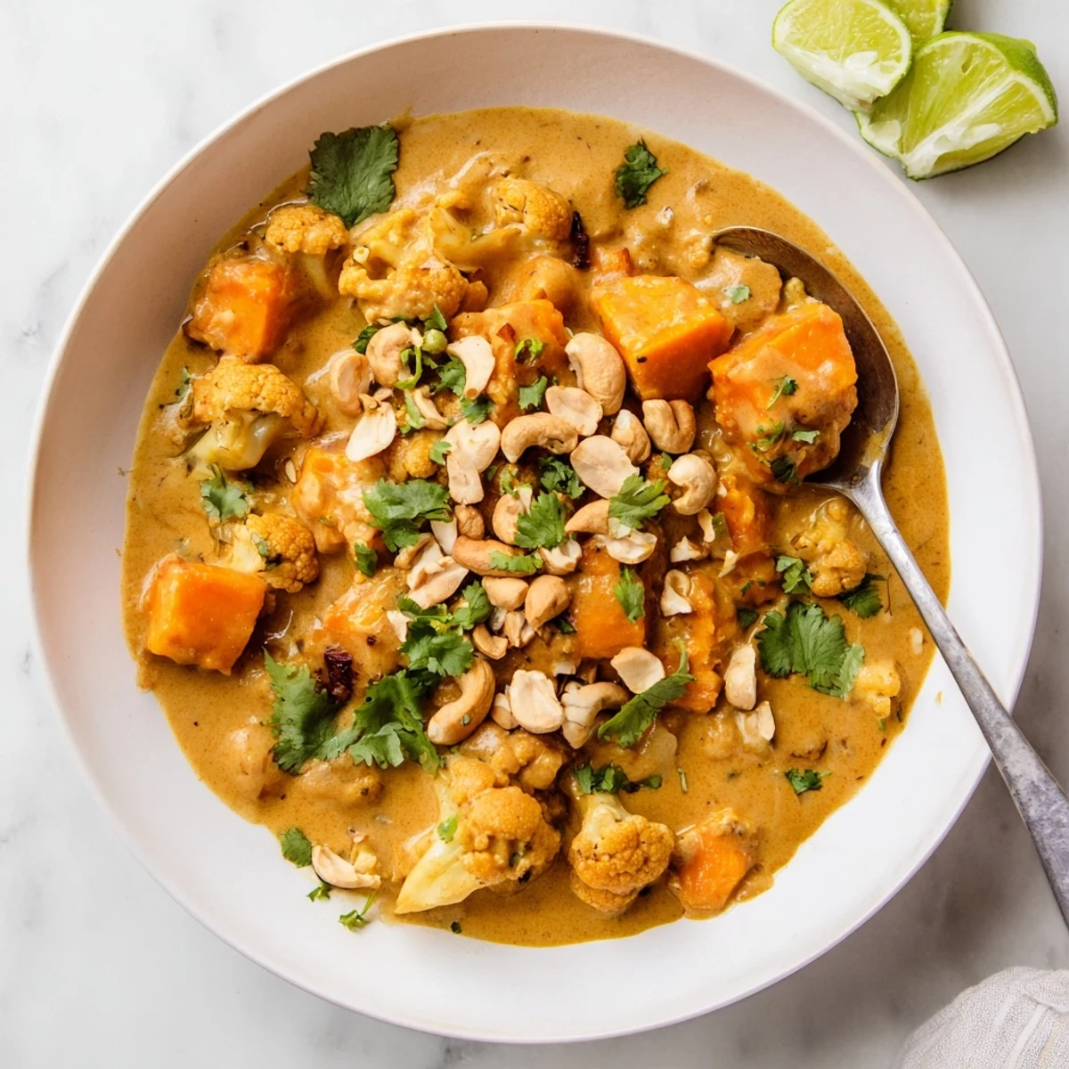 Creamy vegetarian kumara cauliflower cashew korma curry garnished with toasted nuts and fresh cilantro