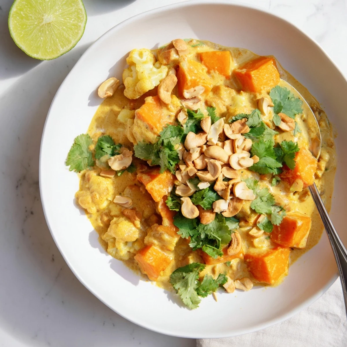 Golden kumara and cauliflower florets simmered in rich coconut korma sauce with crunchy cashew topping
