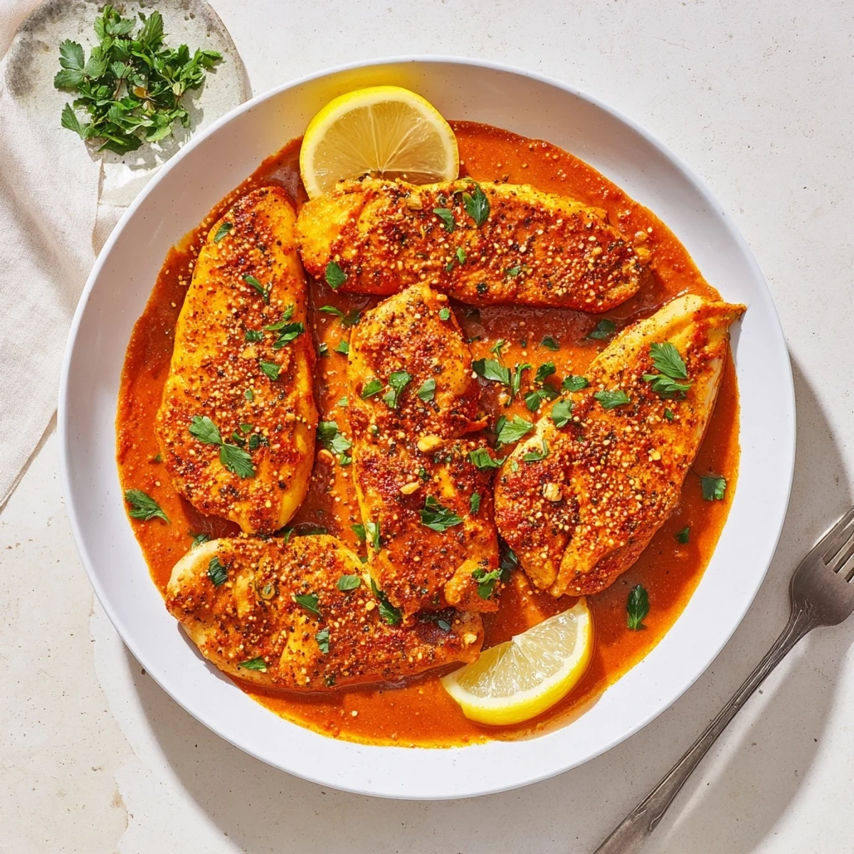 Golden chicken breasts glazed in spicy sweet Chicken Diablo sauce with honey mustard